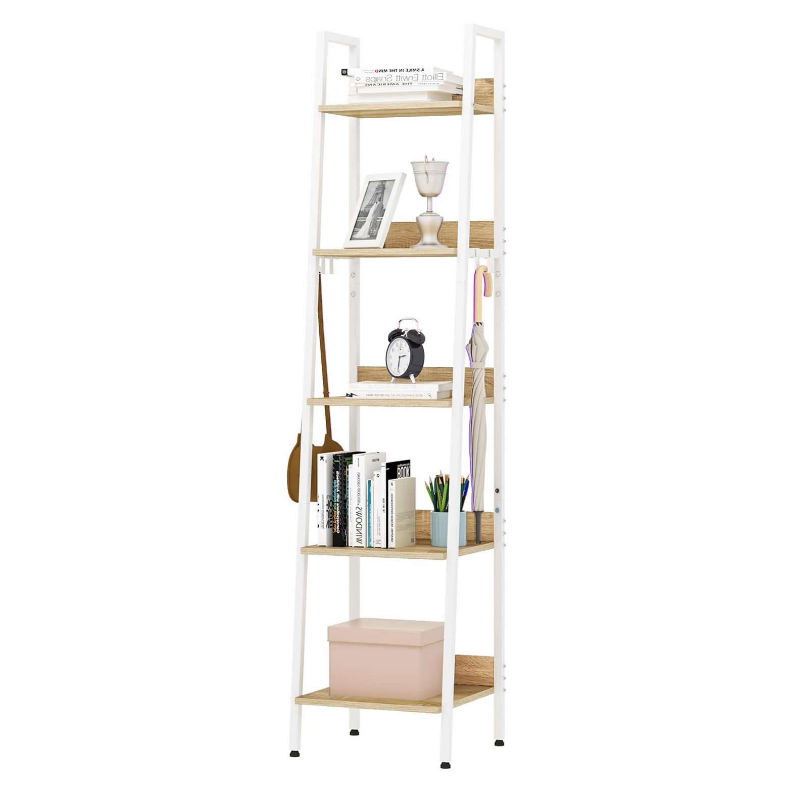 WOLTU Lagerregal mit 5 Ebenen, Küchenregal mit 4 Haken, Bücherregal im Industriestil, Standregal im Wohnzimmer Küche, Regal aus MDF Metall, schmales Leiterregal weiß 40x 170x36 cm RGB9289whe