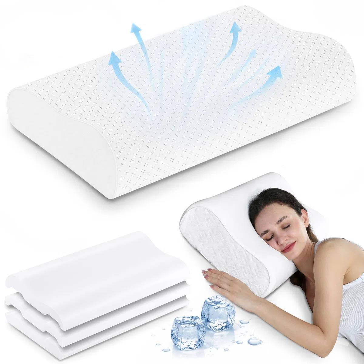 Elviros Ergonomisches Nackenstützkissen aus Memory Foam, Höhenverstellbares Sandwichkissen für Seiten- und Rückenschläfer, Kissen mit Abnehmbarem Atmungsaktivem Bezug, 60x35,5x13,5cm