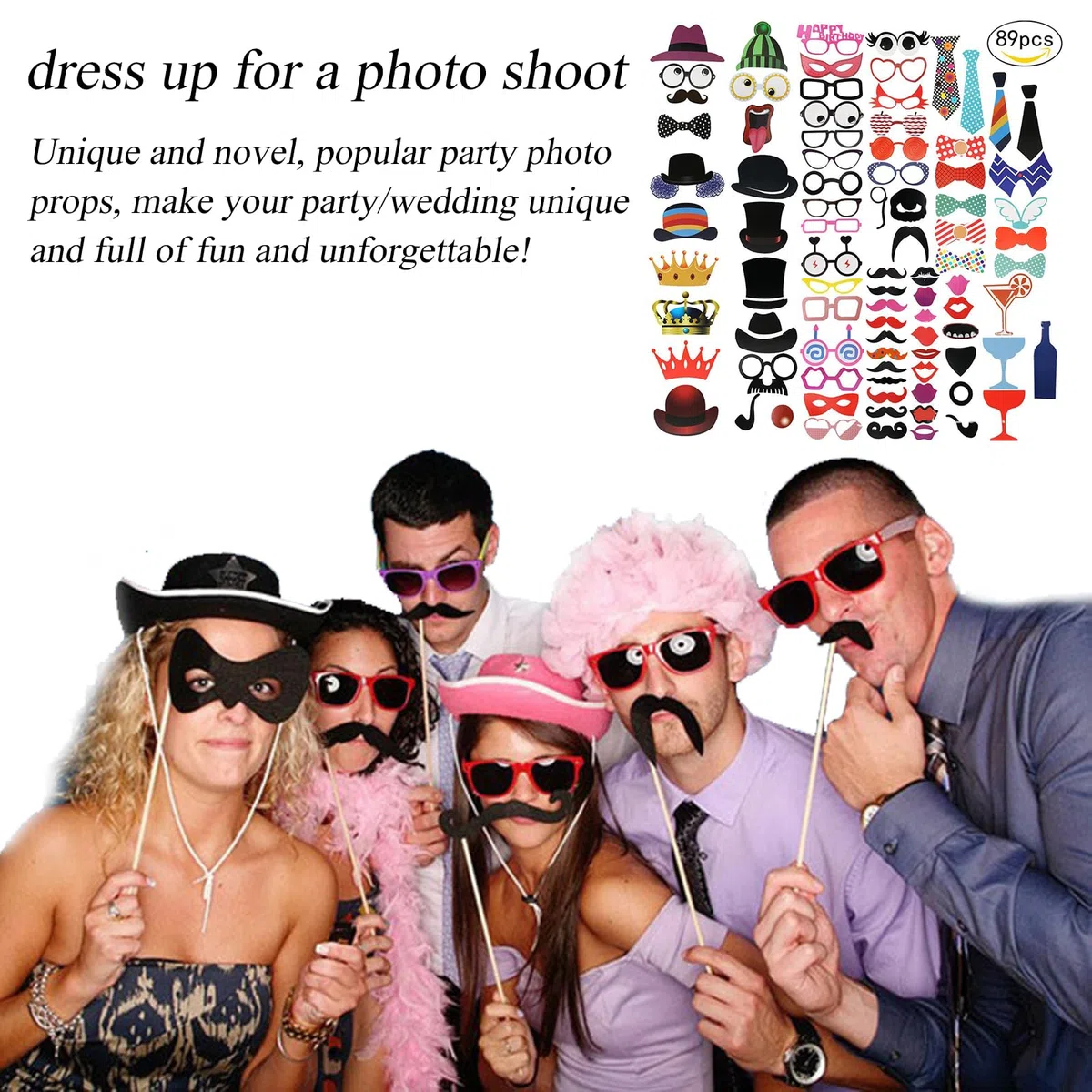 147 Stück Party Deko Fotobox Accessoires,Foto Booth Requisiten,Baby Party Dekoration,Mützen Perücken Party Zubehör für Hochzeit,Halloween,Weihnachten,Tischdeko Geburtstag,Karneval,Silvester Deko