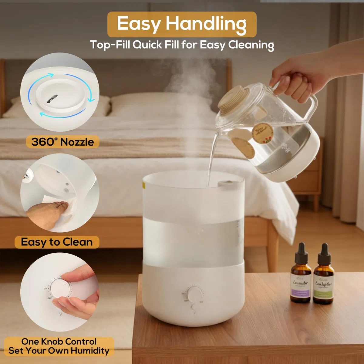 Romon Luftbefeuchter Schlafzimmer 2.5L, Top-Fill Aroma Diffuser, Humidifier mit 360° drehbarer Düse, bis 28H, automatischer Abschaltung, für Pflanzen große Räume & Zuhause, Weiß