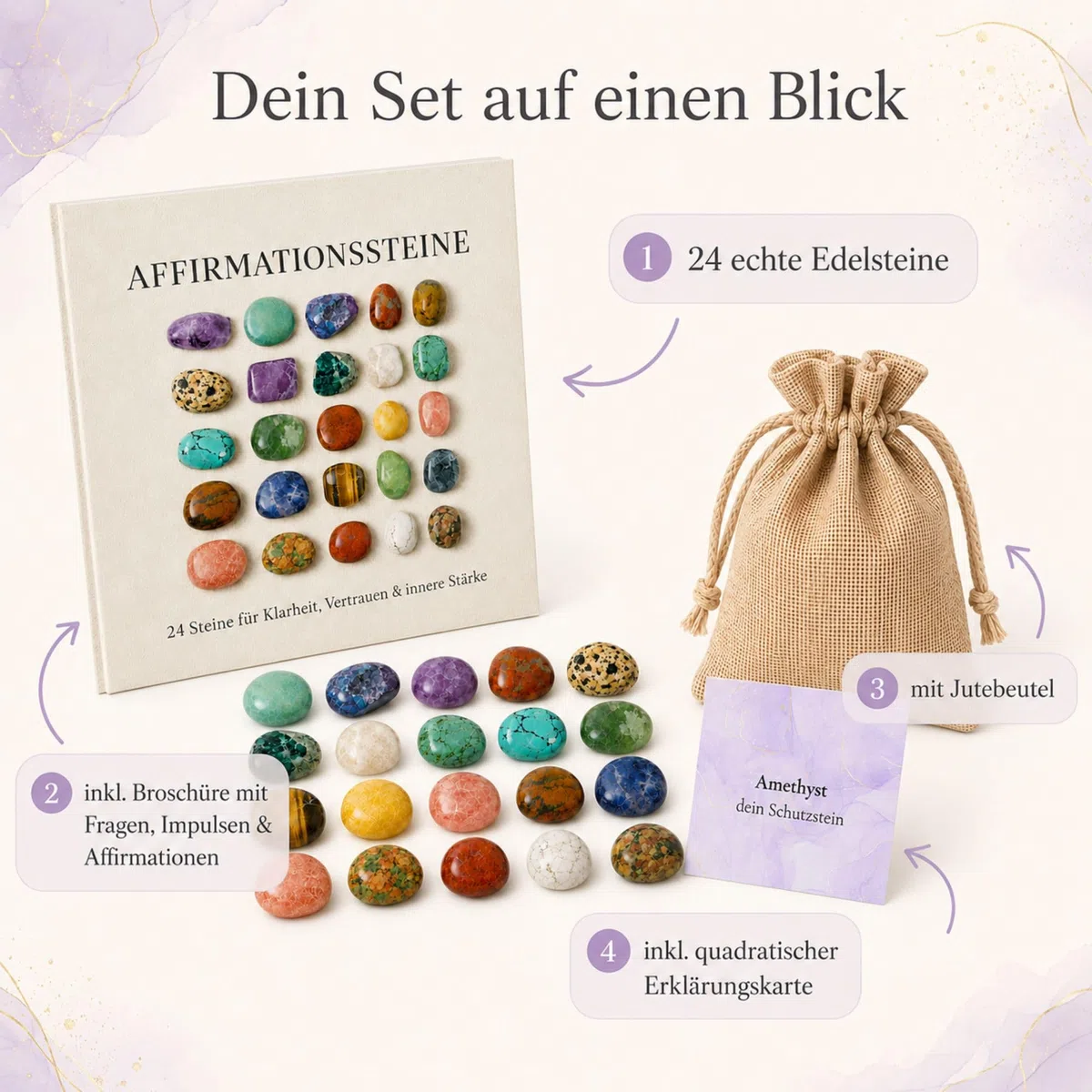 Milaboo Affirmationssteine Set – 24 Edelsteine mit Bedeutung & Karten – Geschenkset im Jutebeutel – Achtsamkeit, Motivation, innere Stärke – Geschenk für unterschiedliche Anlässe (24er Set 1)