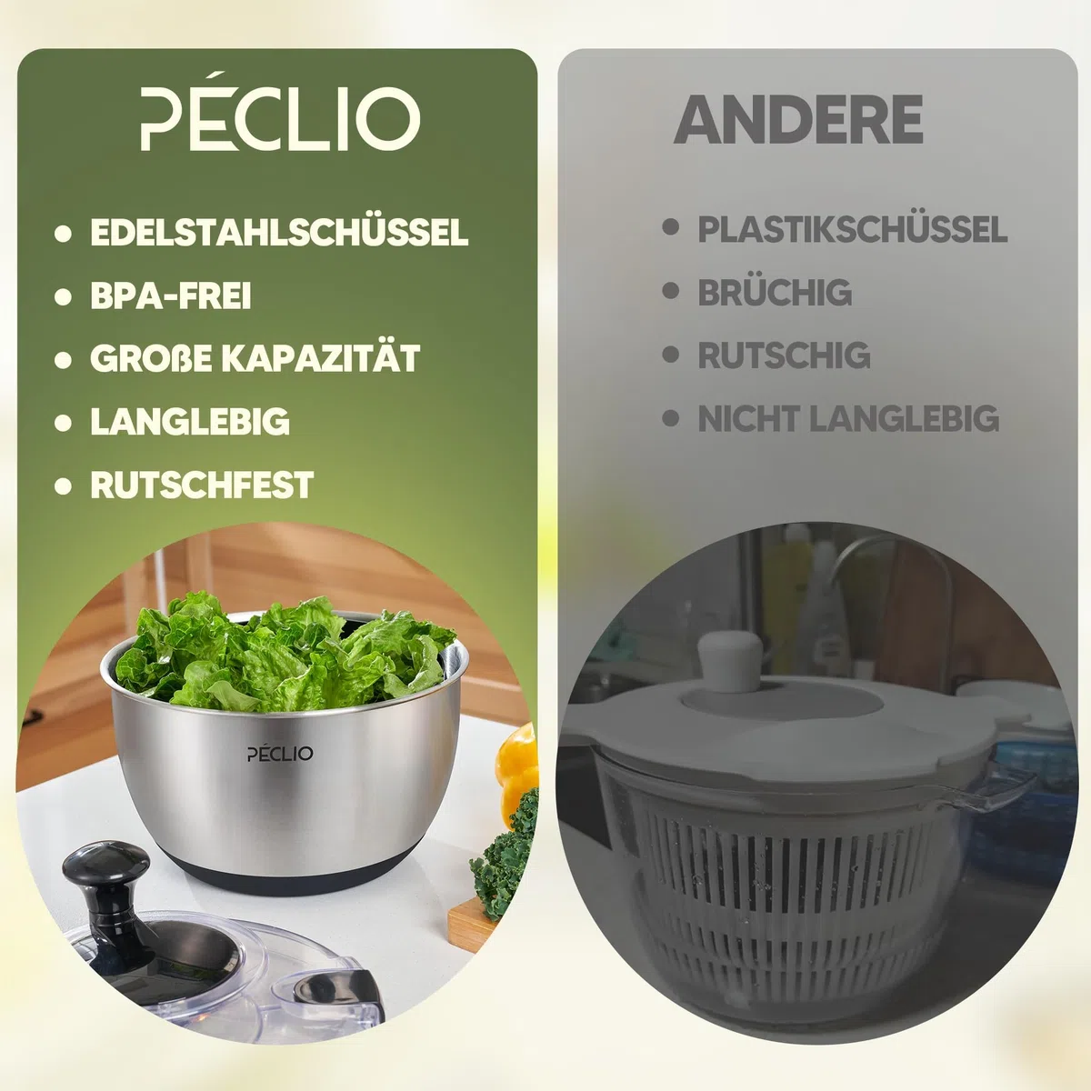Groß 4,5L Salatschleuder Edelstahl 18/10 Hochwertige mit Transparentem Deckel, Rutschfestem Boden - Salad Spinner mit Kurbelantrieb - BPA-frei & Spülmaschinengeeignet, Schwarz