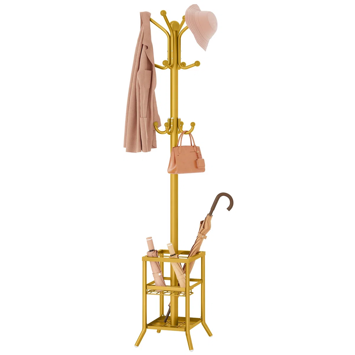 FAVOOSTY Garderobenständer mit Schirmständer, Kleiderständer mit 12 Hooks, Jackenständer Stehend, Coat Rack, Garderobe ständer für Wohnzimmer, Schlafzimmer Weiß (Gold)