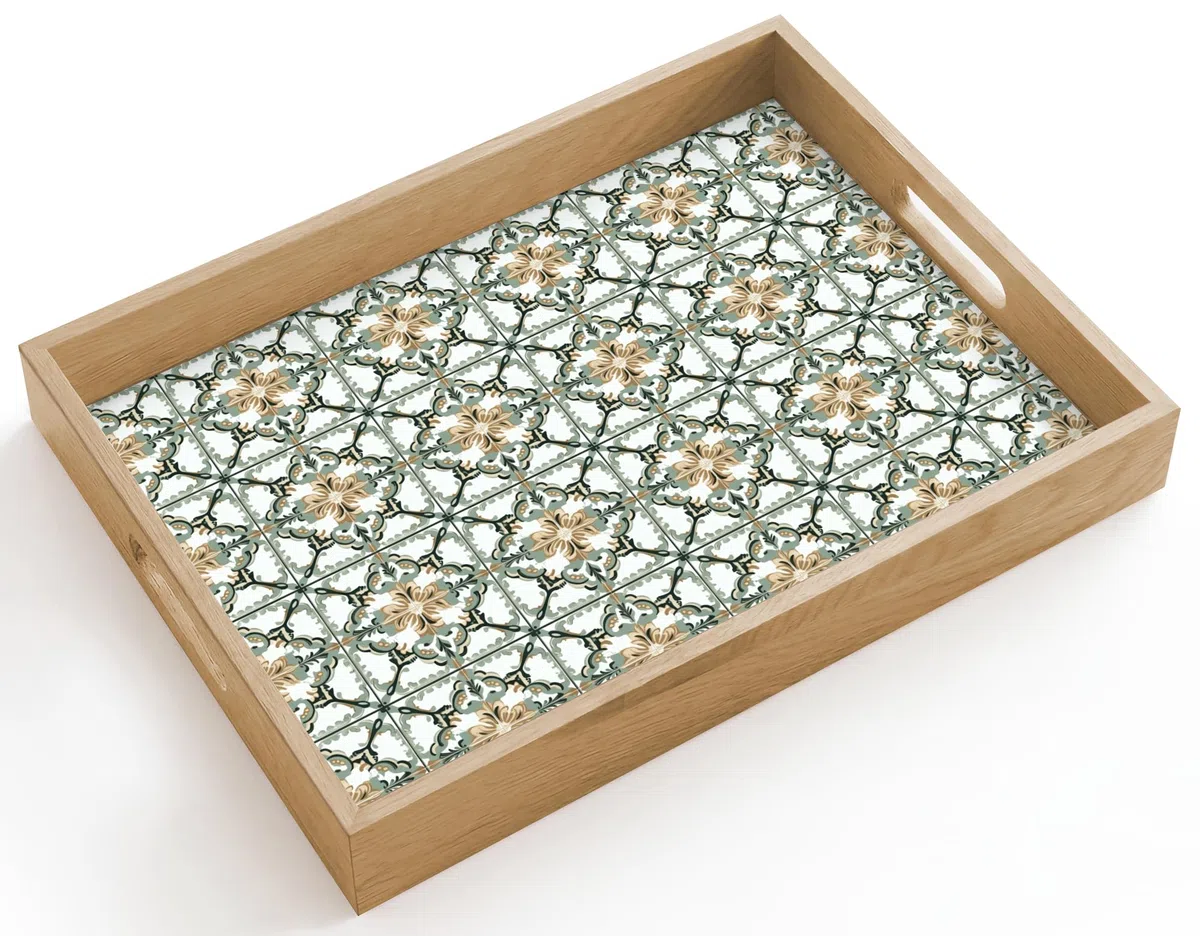 Serviertablett Rechteckig 40x30 cm Servierplatte Eiche Holz Tablett Mit Henkel Tray Kratzfest Kaffeetablett Tabletts Teetablett Blumig - Verwittert - Farbenfroh