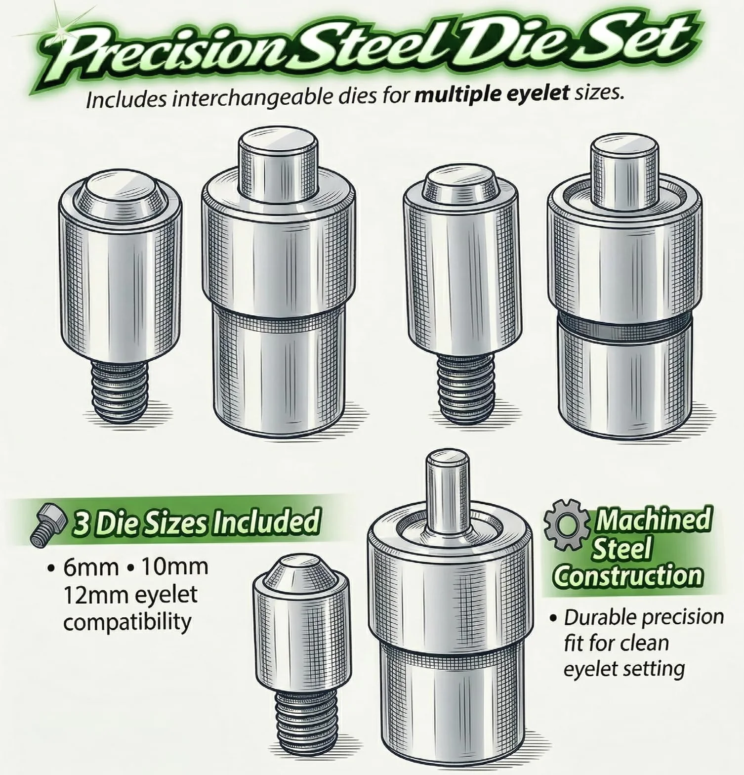 KATSU Ösenpresse, Handpresse Ösenmaschine Ösenstanze Nietenpresse Druckknopfpresse Ösenzangen mit 3 Matrizen (6mm/10mm/12mm) und 1500 Stück silberne Ösen für Leder Handwerk Vorhänge
