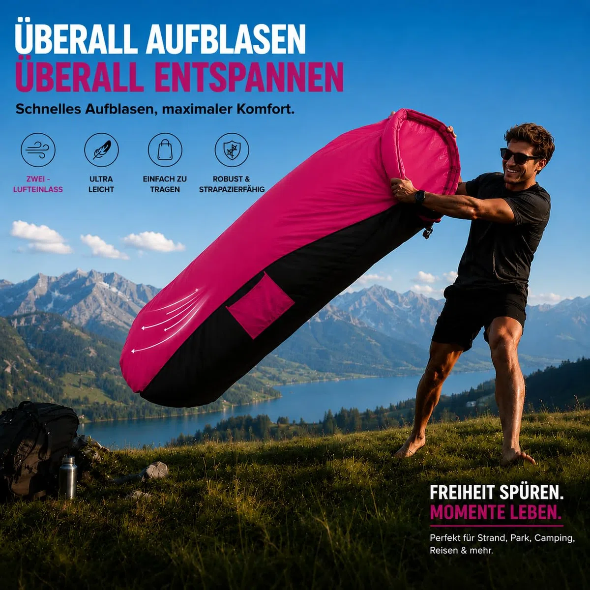 EastCity Luftsofa Aufblasbar mit Kopfstütze und Seitentasche, 230 x 70 cm Aufblasbares Sofa für Camping, Strand und Festival, Air Lounger mit Tragebeutel, Tragbare Aufblasbare Liege, Rosa