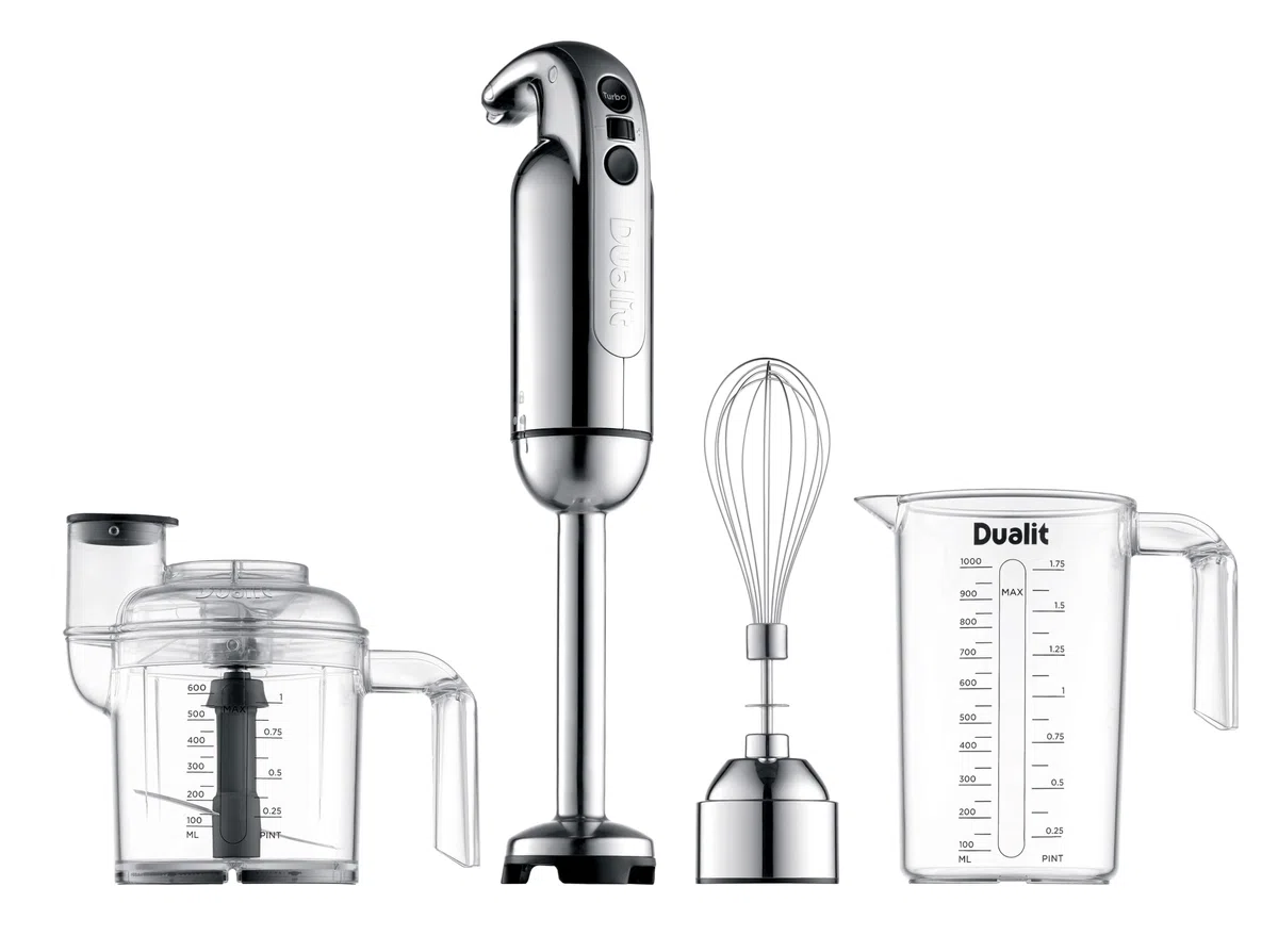 Dualit CLASSIC Stabmixer Set 700 W, Pürierstab mit Turbo, Edelstahl poliert | Anti-Saug-Mixstab, Tritan-Behälter, Zerkleinerungsschüssel, Schneebesenaufsatz, ergonomisch, spülmaschinenfest