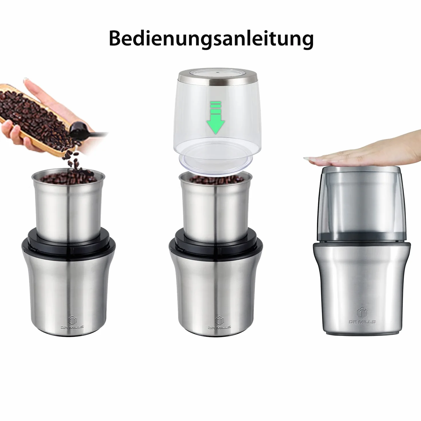 DR MILLS DM-7412M Elektrische Gewürz- und Kaffeemühle, Mühle und Hackmesser, abnehmbarer Becher, abwaschfreier Messer sowie anwaschfreie Tasse bestehen aus SUS304 rostfreiem Stahl