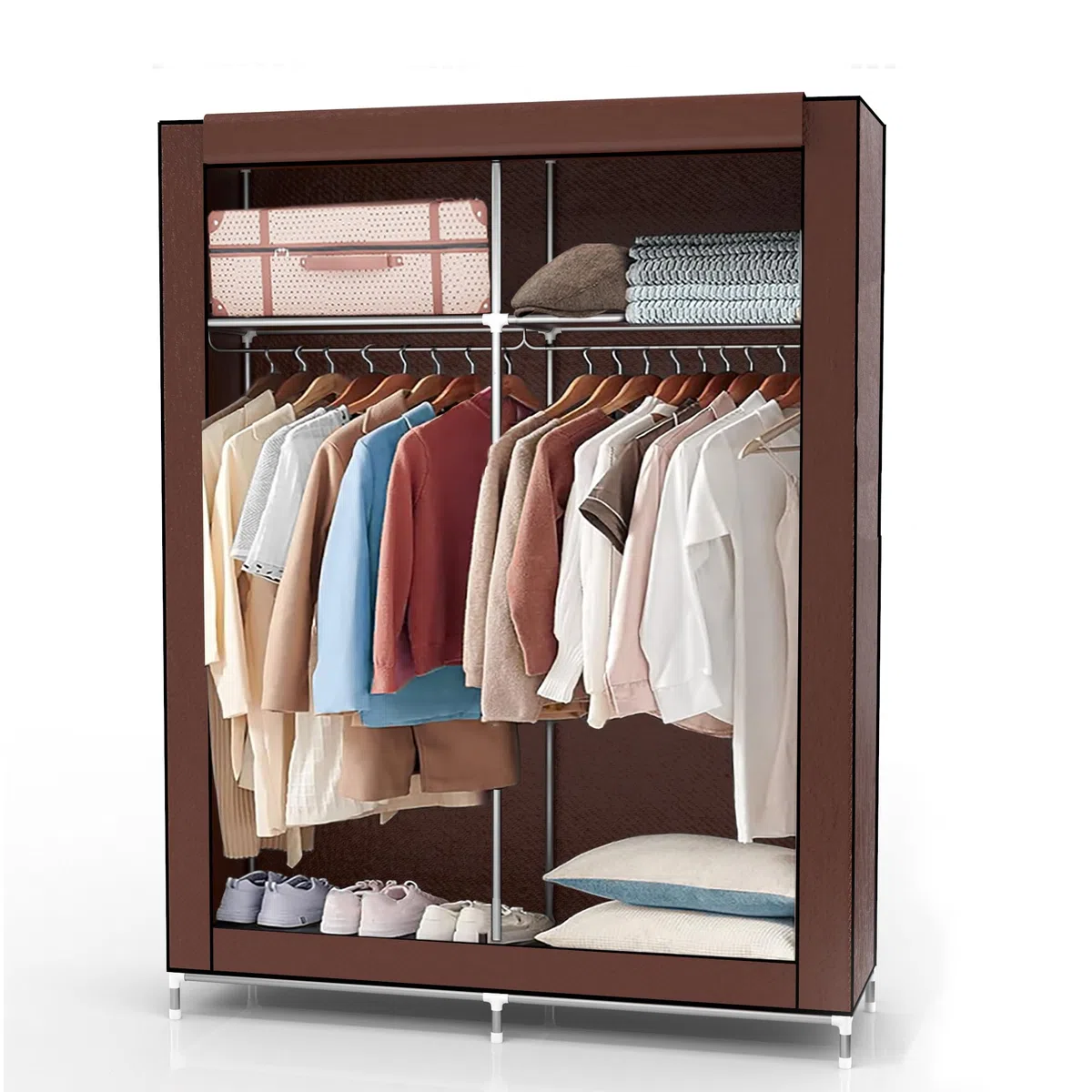 INTIRILIFE Faltschrank 108x45x170 cm in BRAUN - Stoffkleiderschrank mit Reißverschluss und Kleiderstange, Seitentasche und Fächern - Steckregal, Metallrahmen, Aufbewahrung