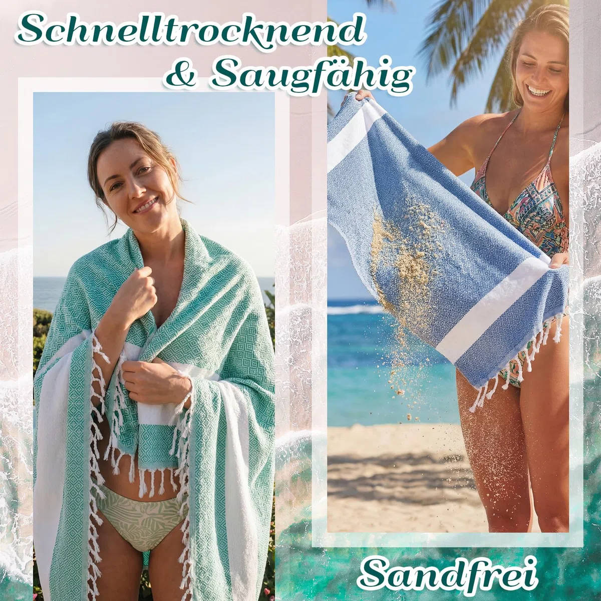 Nuenen 4er Set Hamamtuch Saunahandtuch 100 x 180 cm Leichtes Schnell Trocknendes Strandtuch aus Baumwolle Platzsparend für Reise Sauna Yoga Urlaub Weich Stilvoll (Blau, Grün, Braun, Gelb)