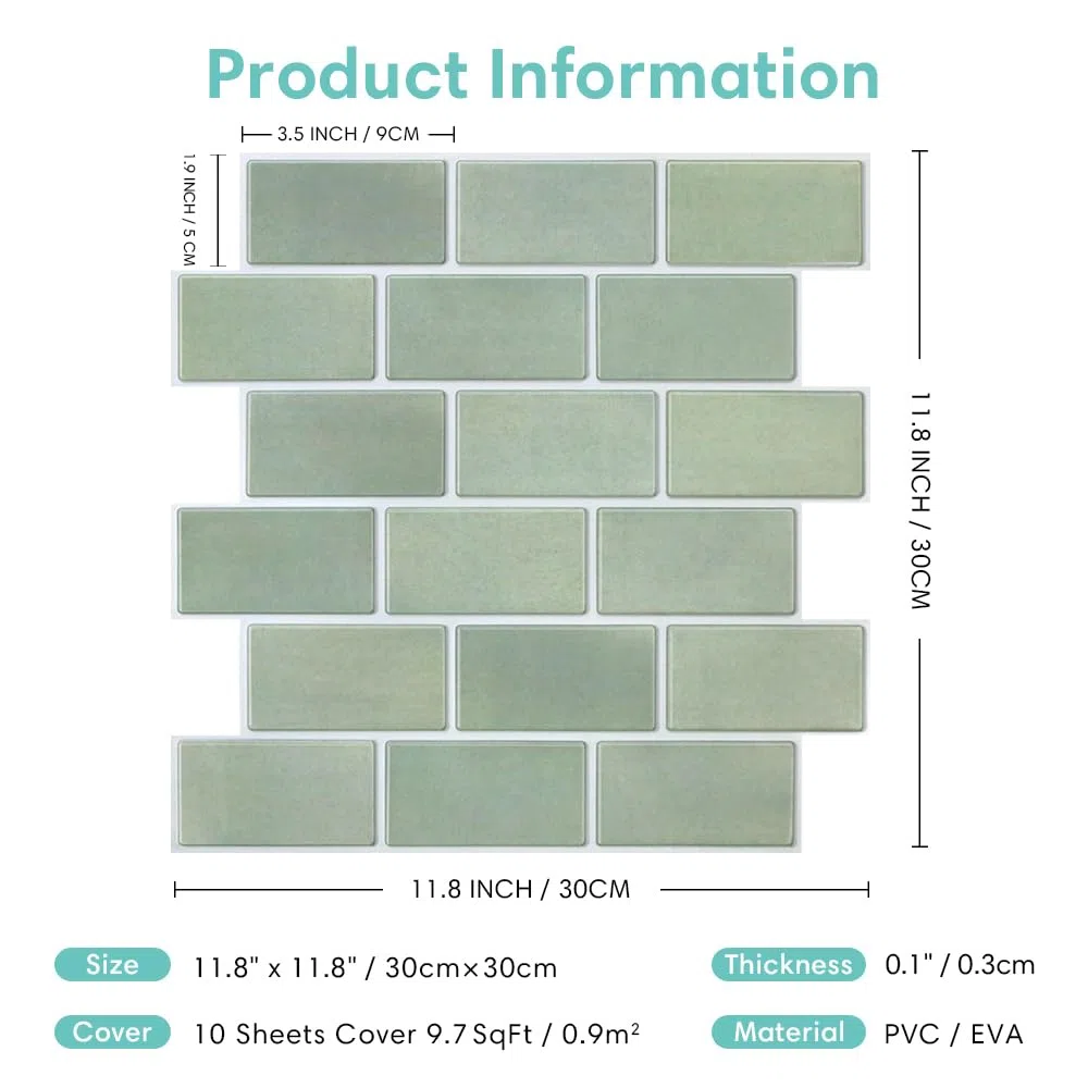 Commomy Fliesenaufkleber Klebefliesen Küche Salbeigrün 10 Stück, 30 x 30 cm, Matt PVC 3D Fliesen Selbstklebend für Küche, Bad, Metro Wand Fliesendekor