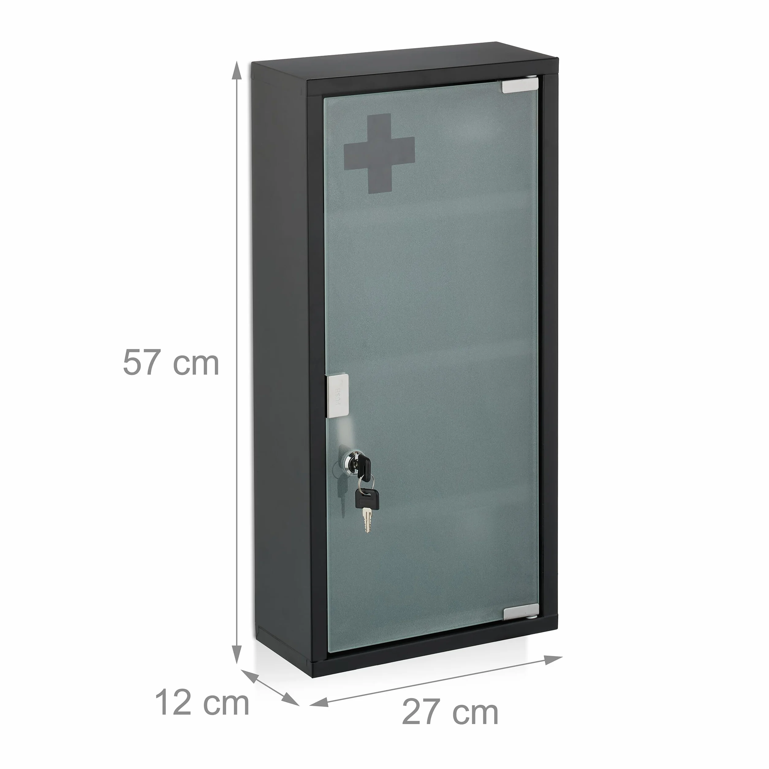 Relaxdays Medizinschrank, 4 Fächer, HxBxT: 57 x 27 x 12 cm, abschließbarer Medikamentenschrank, Stahl, Glastür, schwarz