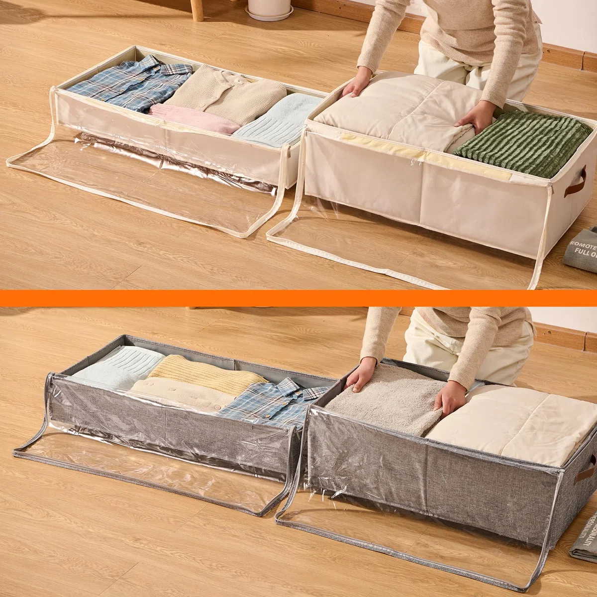 2er-Set Rollbare Aufbewahrungsbox unter dem Bett, 15 cm Höhe (6 Zoll) mit klarem Deckel - Graue Bettkasten für Schuhe & Kleidung