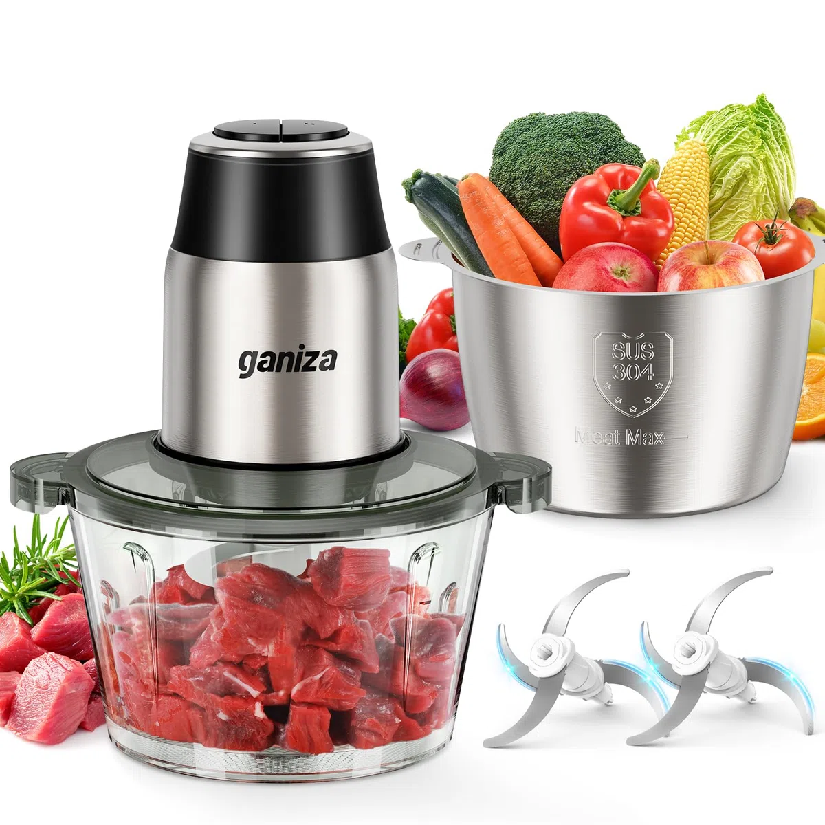 Ganiza Zerkleinerer Küche Elektrisch, Food Processor, Fleischwolf mit 2 Schüsseln(1.8L+1.8L), 2 Doppelklingen, 2 Geschwindigkeitsstufen, Multizerkleinerer Elektrisch für Fleisch, Gemüse, Nüsse
