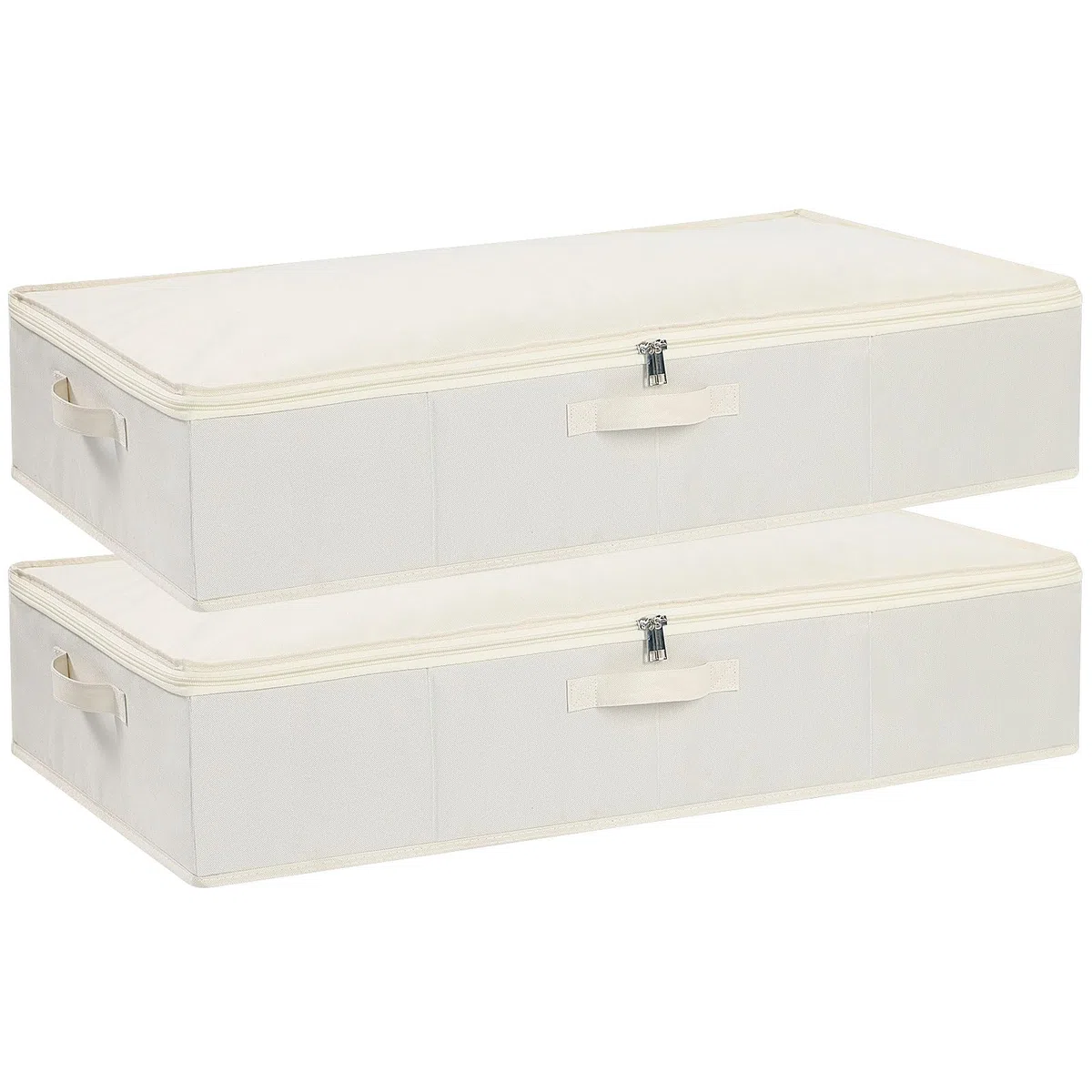 2 Stück Unterbettbox, Unterbett Aufbewahrungsbox mit deckel, Faltbare Stoffboxen mit Verstärktem Griff und Reißverschluss für Bettdecken Decken Kleidung, Beige, 80x40x15cm