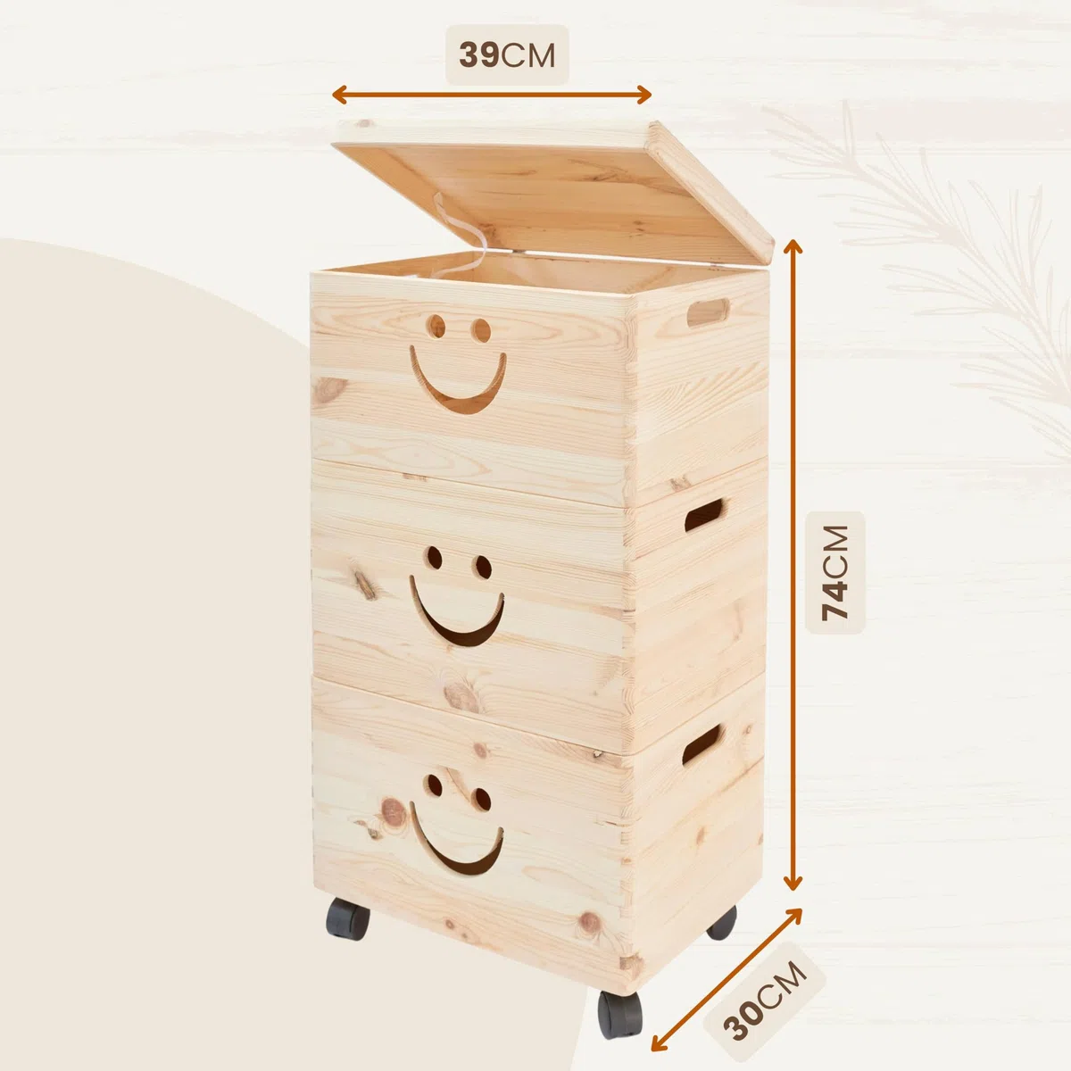 Pinus Spielzeugkiste 3er Set Lächeln mit Deckel 39x30x74cm stapelbar Rollen