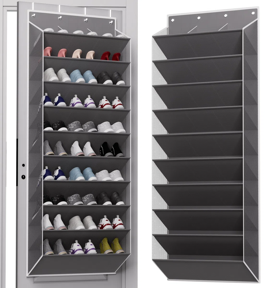 TAHAVICE Halten 30 Paar Tür Hängender Schuh-Organizer, 10 Ebenen Schuhregal Tür hängend mit Stützstangen und 4 Haken, ideal für Wohnung, Schlafzimmer oder Studentenwohnheim,Grau
