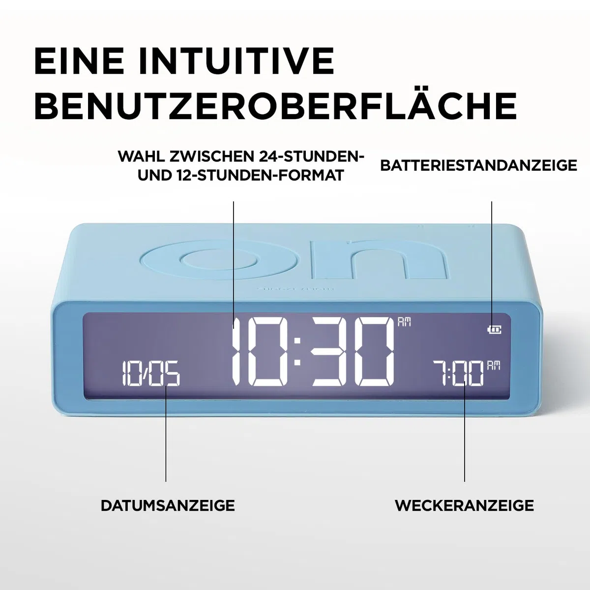 Lexon Flip Classic Digitaler Wecker mit umkehrbaren EIN/Aus-Seiten, wiederaufladbare Nachttischuhr mit LCD-Display, Berührungssensor für Schlummer- und Lichtfunktion – Weiß
