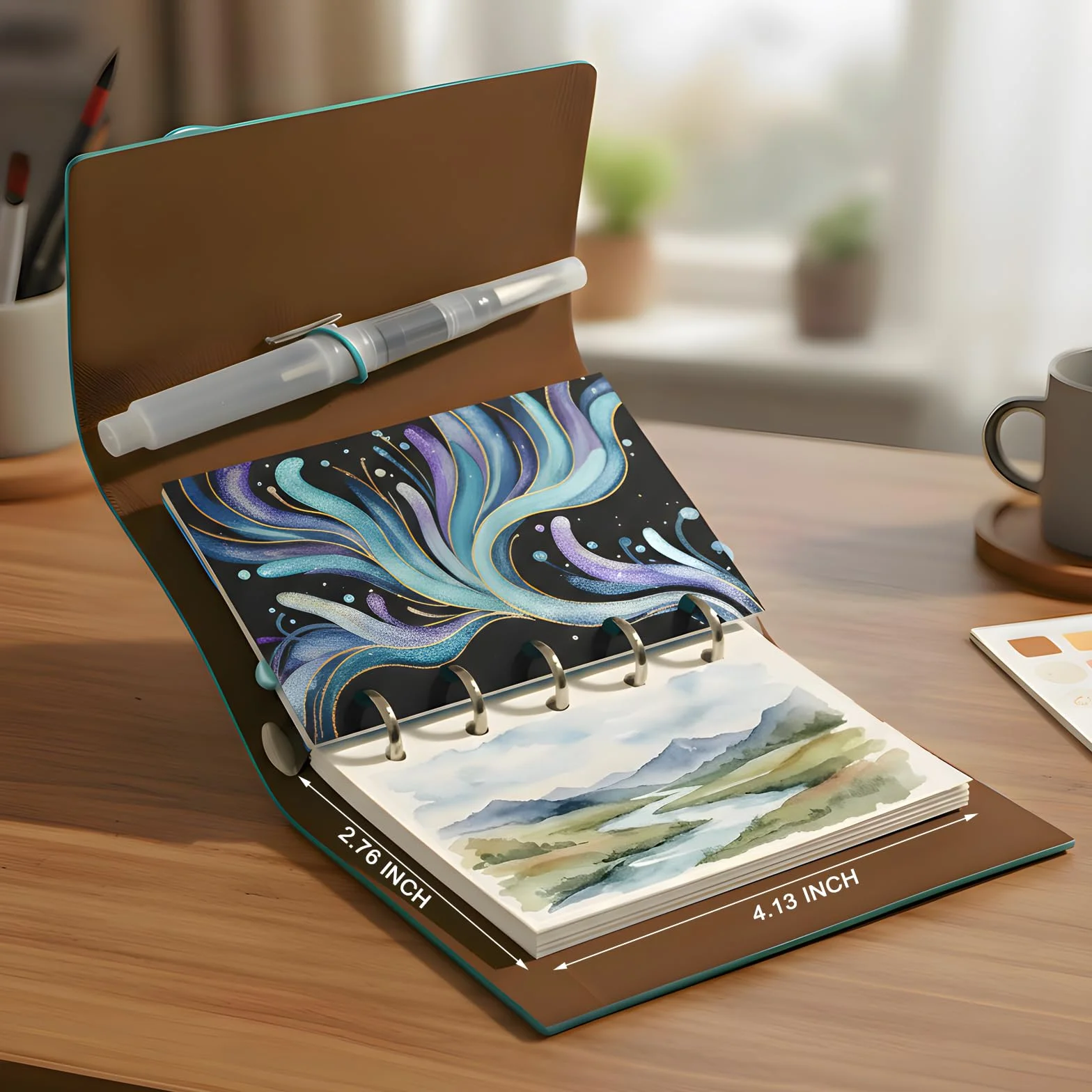 DarkWish Reiseaquarellkasten (Passgröße) - Profi Aquarell Set, 24 Farben (+ 6 Metallic) & 300g Papier (Schwarz/Weiß), PU-Leder Ringbuch für Urban Sketching, Plein Air & Künstler Geschenk
