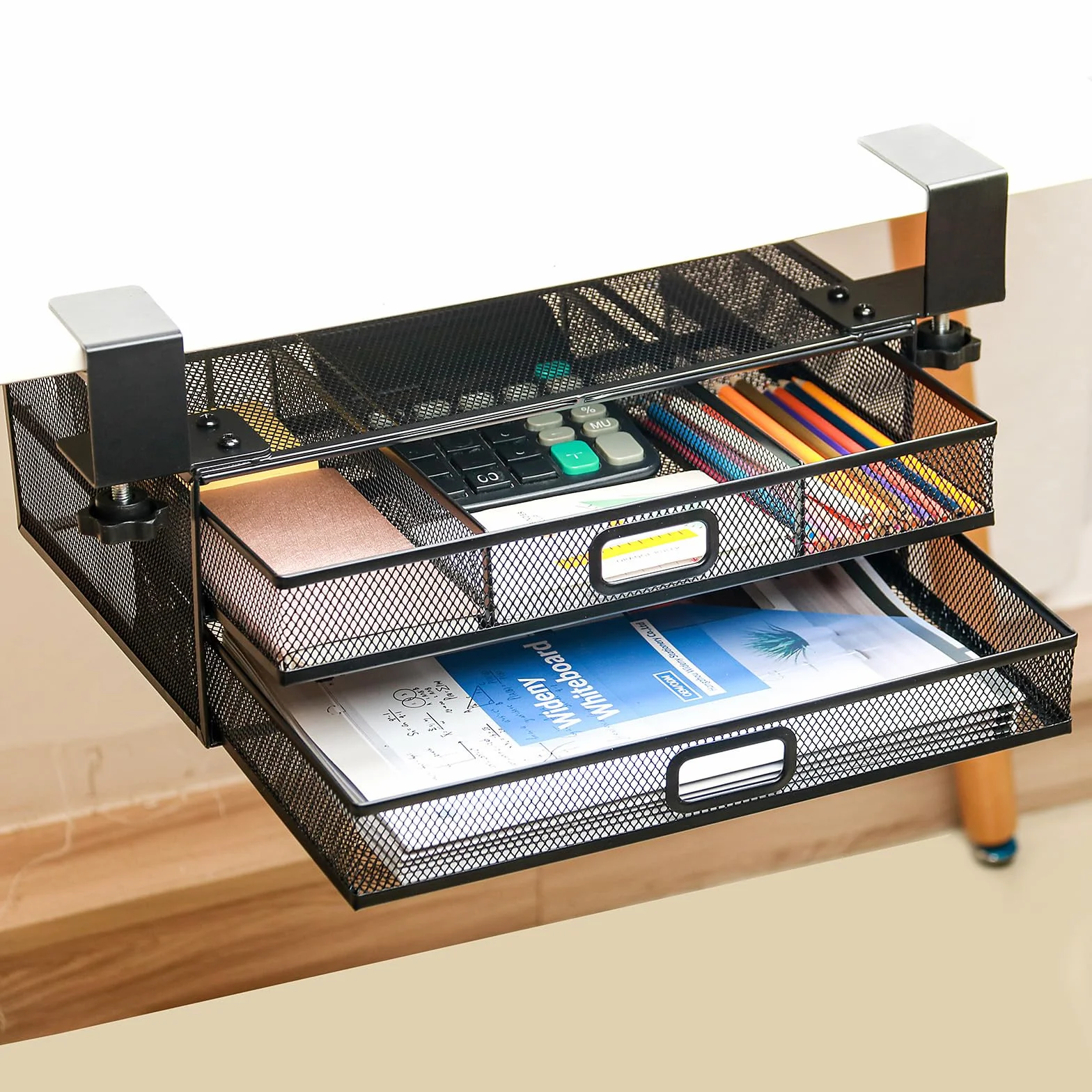 Verstärkte Untertischschublade – 2 ausziehbare Schubladen A4 – Metall-Organizer (schwarz)