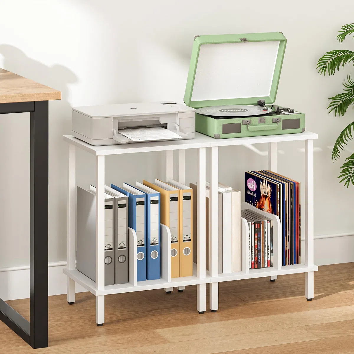HOOBRO Plattenspieler Ständer, 2 Ebenen Schallplatten Regal, Beistelltisch, Plattenregal mit Trennwänden, Aufbewahrung von Schallplatten, bis zu 100 Alben, für Wohnzimmer, Weiß EWT05RS01