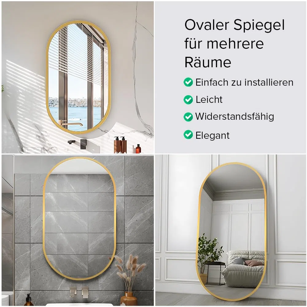 Marctani Ovaler Spiegel mit Metallrahmen - Moderner Wandspiegel oval für Badezimmer und Flur - Dekorativer Spiegel oval für Wohnzimmer und Garderobe