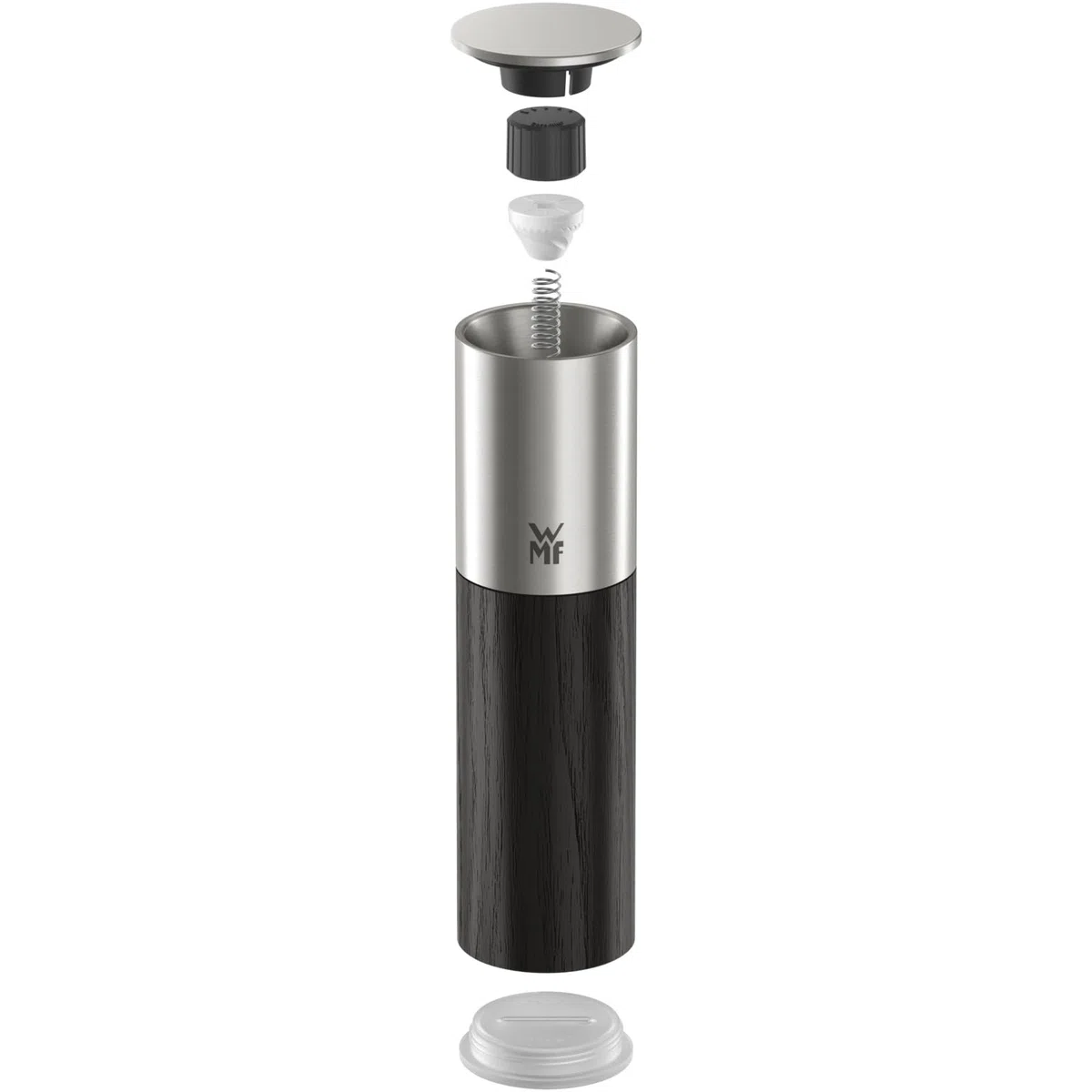 WMF Nature Pro Gewürzmühle – Salz- und Pfeffermühle mit Keramikmahlwerk, einstellbarem Mahlgrad, leicht befüllbar, Aromaschutzdeckel, Edelstahl & schwarzes Holz, manuell