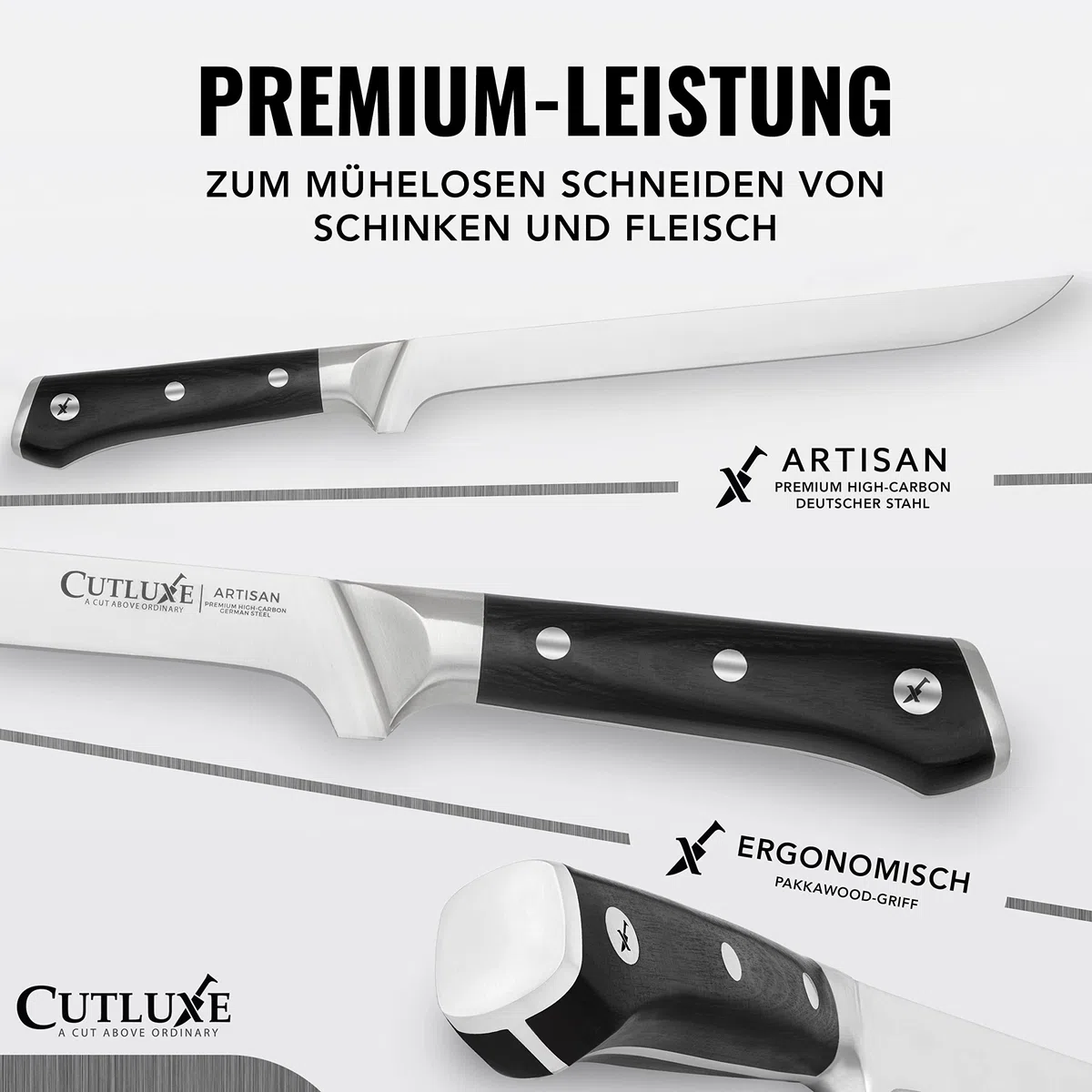 Cutluxe Schinkenmesser - 25cm Tranchiermesser für Fleisch und BBQ - Scharfes Messer aus deutschem Stahl - Volltang und ergonomisches Griffdesign - Artisan Serie