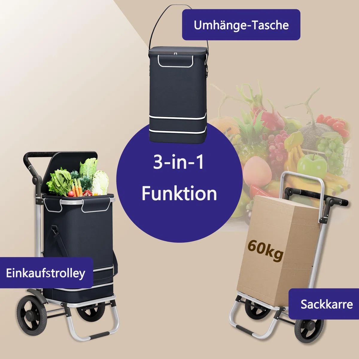 Einkaufstrolley 64L groß - Einkaufswagen klappbar, Trolley bis 60kg, Einkaufstasche mit Rollen und Kühlfach, Einkaufsroller mit Reflektor, Handwagen inkl. Einkaufswagenchip, Schwarz
