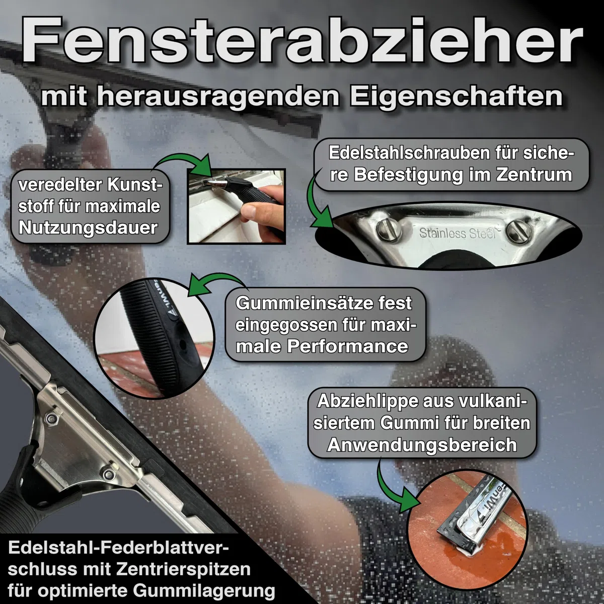 FenWi Fensterabzieher mit Gummilippe in 35cm Breite/Duschabzieher/Abzieher mit Edelstahl-Abziehschiene als Glasabzieher zum Fensterputzen