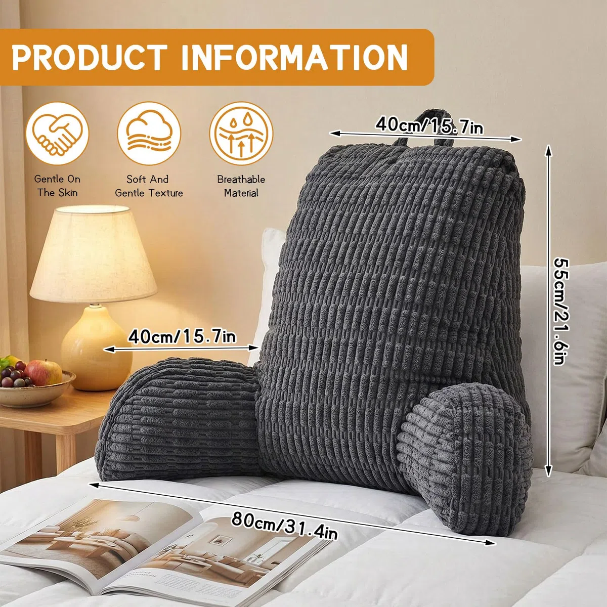 Lesekissen, Rückenkissen für Bett und Sofa, Rückenlehnenkissen für Erwachsene, Ergonomisches Stützkissen zum Sitzen, Lesen und Fernsehen