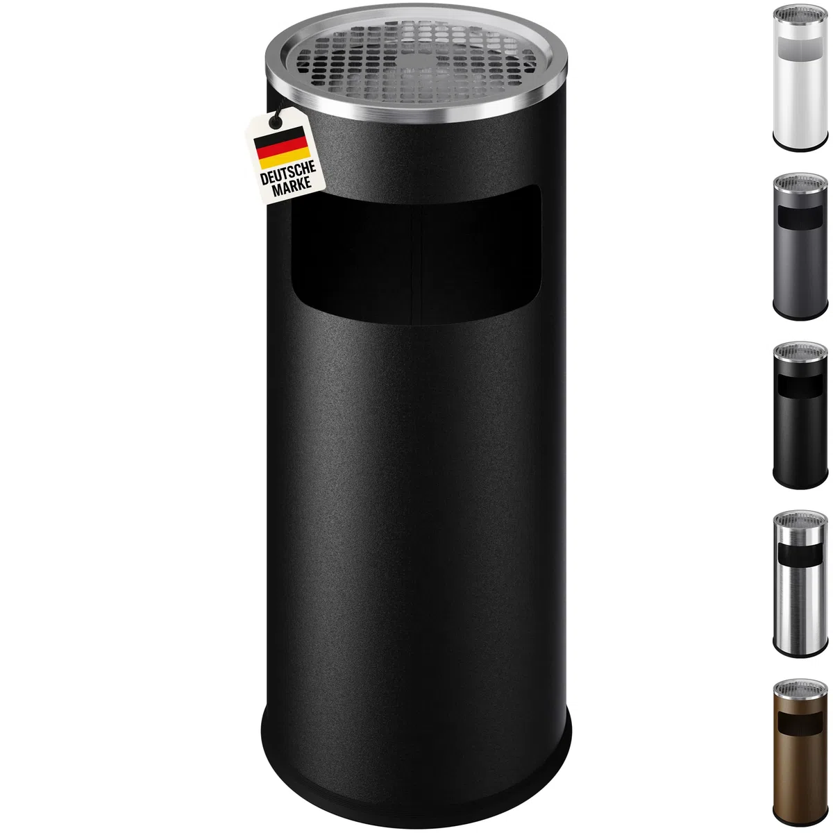 WELLGRO 2 in 1 Standaschenbecher Edelstahl für draußen – Wetterfester Standascher schwarz mit Mülleimer & Abfalleimer, großer Aschenbecher für Außenbereich, Terrasse, Eingang & Gewerbe