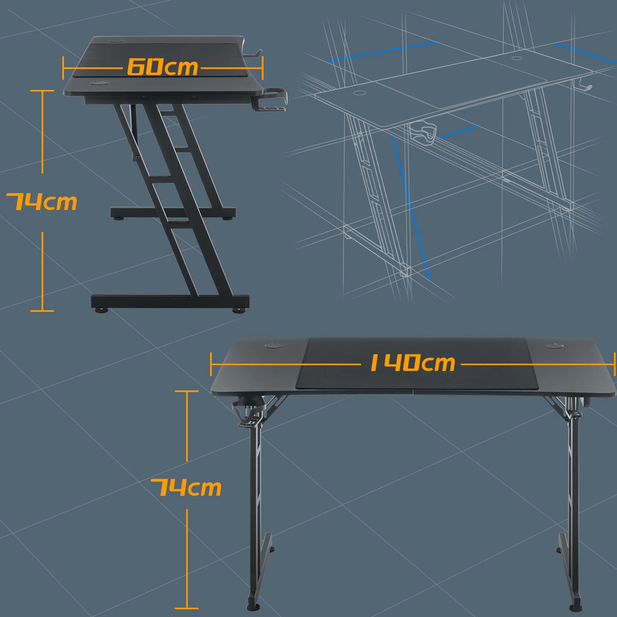 FIVMEN Schreibtisch Gaming Tisch 140x60cm Höhenverstellbar Gamingtisch mit Kabelloch & Kopfhörerständer & Tassenhalter, Kohlefaserplatte Ergonomischer PC Computertisch