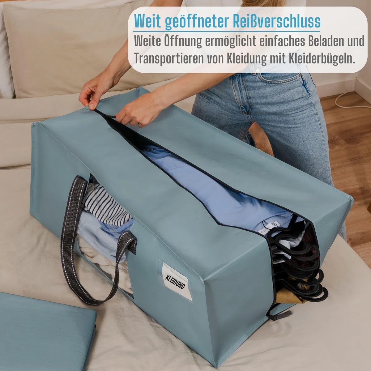 VENO 10er-Pack Umzugstaschen XXL (87 Liter) mit Sichtfenster,Aufbewahrungstasche mit Starken Griffen & Reißverschluss, Faltbare Alternative zu Umzugskartons für Kleidung & Bettwäsche (Hellblau)
