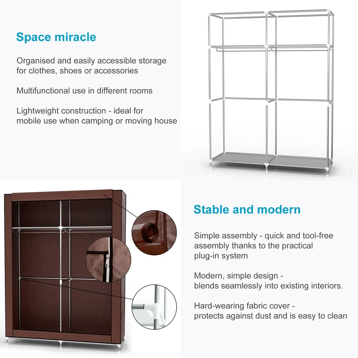 INTIRILIFE Faltschrank 108x45x170 cm in BRAUN - Stoffkleiderschrank mit Reißverschluss und Kleiderstange, Seitentasche und Fächern - Steckregal, Metallrahmen, Aufbewahrung