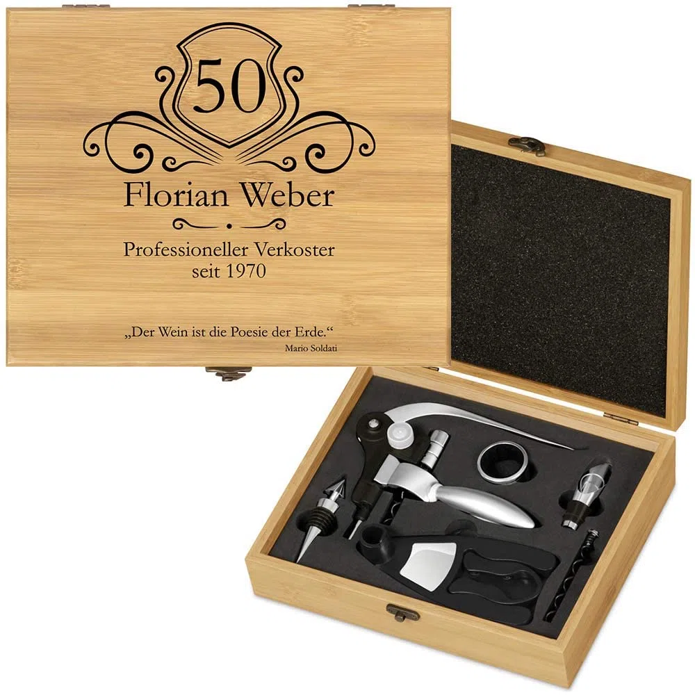 Maverton Weinöffner-Set personalisiert Weinset Sommelier Set - Geschenkbox Holzbox + 6er Weinzubehörset - aus Bambus - Braun - Geschenk zum Geburtstag für Männer - Professioneller Verkoster