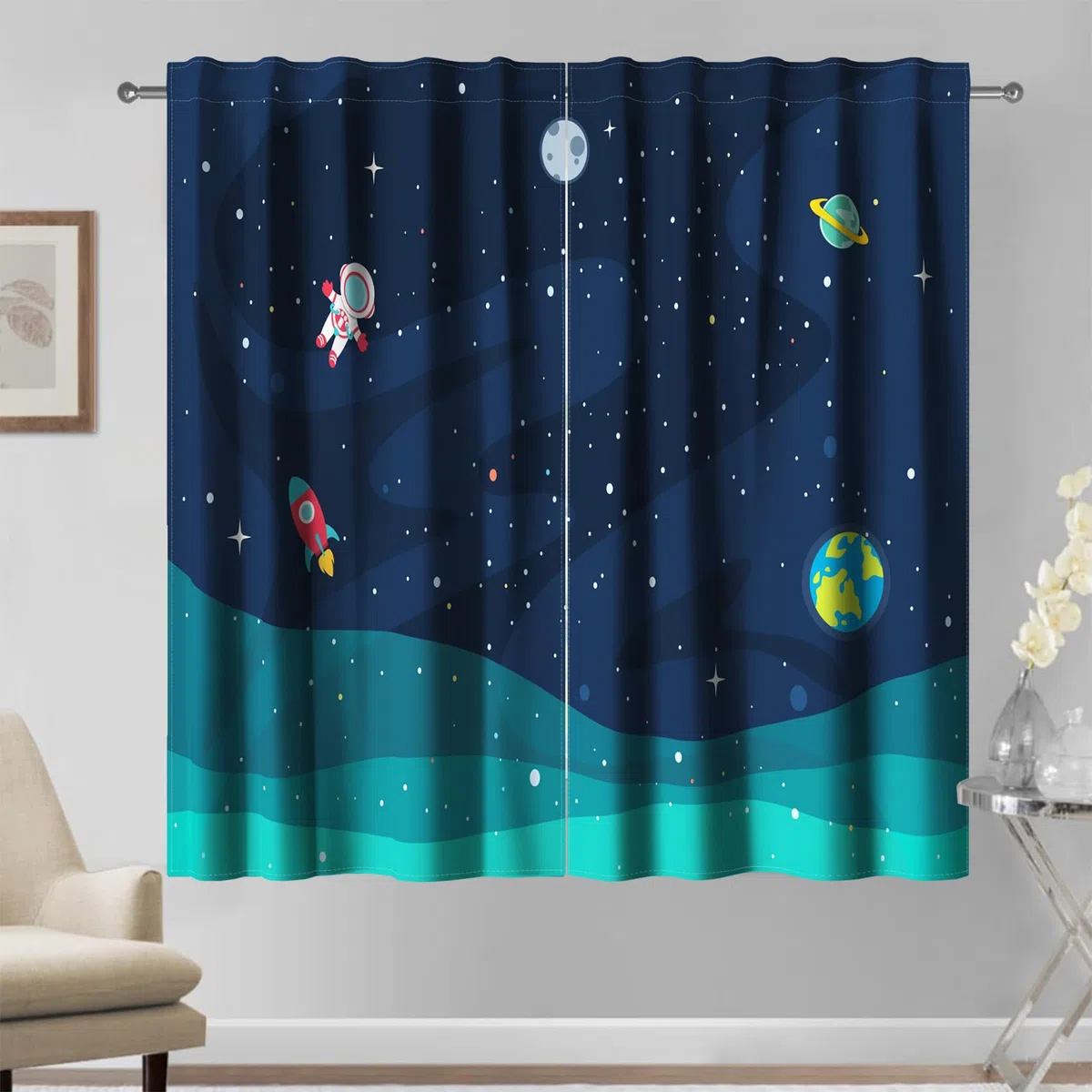 107x160cm Weltraum Vorhänge 2 Paneele, Astronaut Rakete Erde Planeten Galaxie verträumte Fenstervorhänge, Fantasie dunkelblaues Dekor für Kinder Jungen, Schlafzimmer, Wohnzimmer, Kinderzimmer