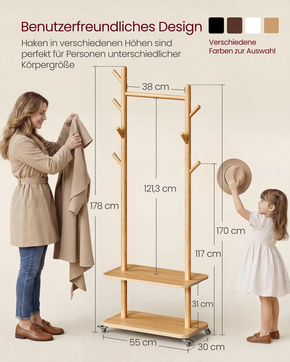 VASAGLE Garderobenständer, Kleiderständer, 7 Haken, 2 Ablagen, 4 drehbare und abnehmbare Rollen, Haken und Stange aus Massivholz, Flur, Schlafzimmer, Wohnzimmer, naturfarben RCR053YK01