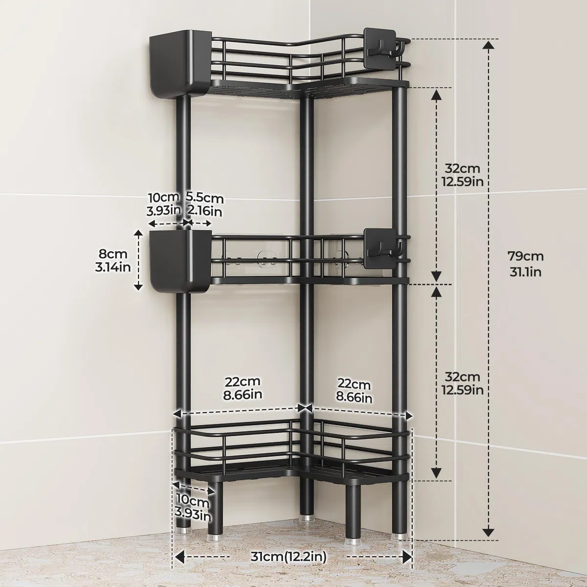 Orimade 3 Stück Duschregal Stehend Rostfrei,Ecke Duschablage Freistehende, Duschablage ohne Bohren für Badezimmer Schwarz