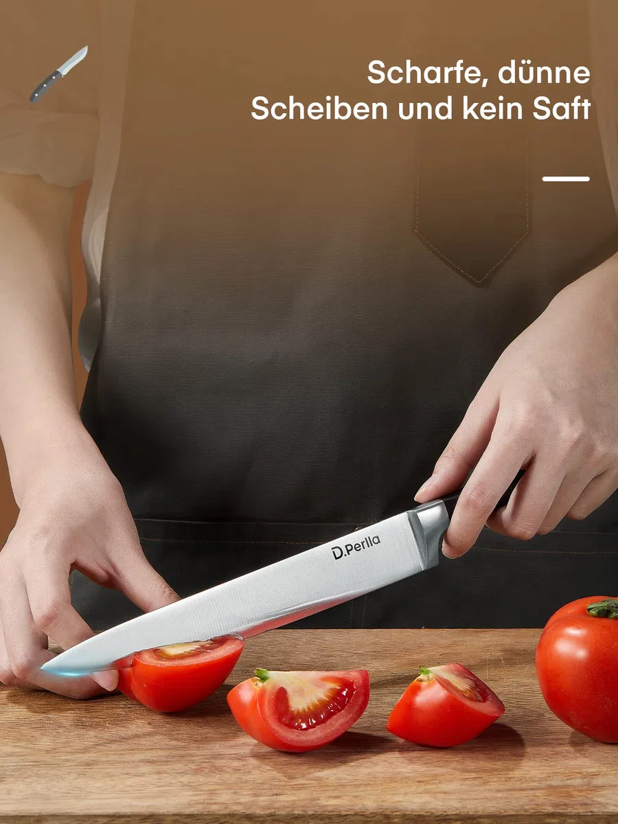 D.Perlla Messerblock Set, 6 teilig Messerset mit Holzblock, Kochmesser Set mit Scharfe Klingen, Edelstahl mit Hohem Kohlenstoffgehalt, Braun