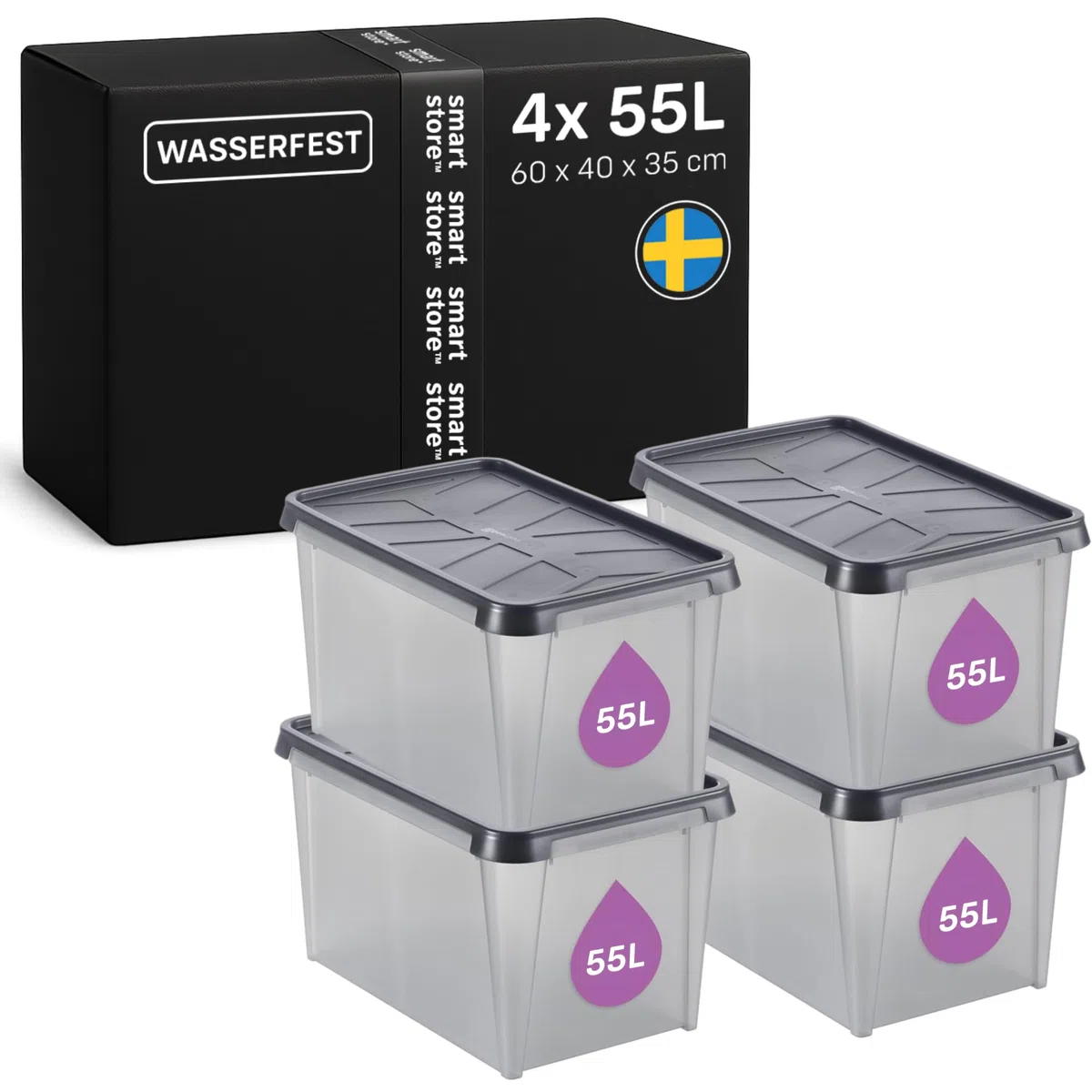SmartStore Aufbewahrungsbox mit Deckel 55 L I 4er Set Stapelboxen I 60 x 40 x 35 cm I Wasserfest, Staubdicht I Garagen-Aufbewahrungsbox I Lebensmittelecht, BPA frei I Made in Sweden, 10 Jahre Garantie