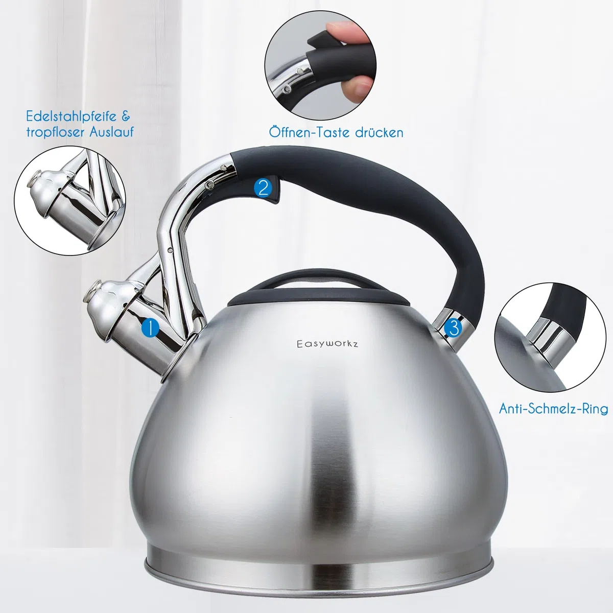 Easyworkz Wasserkessel Induktion Pfeifkessel aus Edelstahl, 2,3 l Teekessel für alle Kochplatten, Flötenkessel mit Hitzebeständiger und rutschfester Griff, Wasserkocher für Tee Kaffee