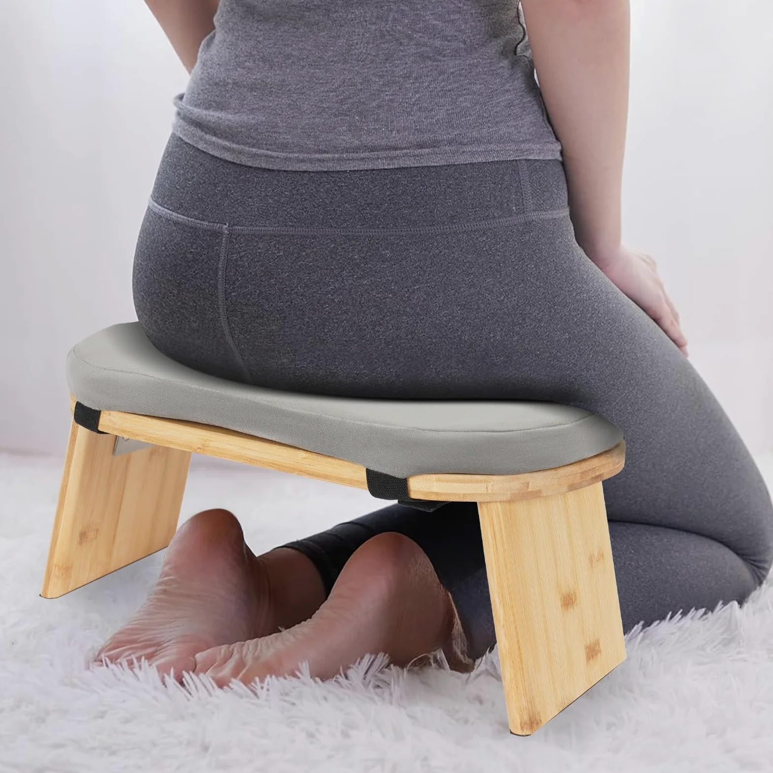 MINRS Meditationsbank klappbar Meditationshocker Holz Meditationsbank mit kissen Ergonomischer Gebetshocker Yoga Hocker zum Knien & Sitzen - Tiefere & Längere Meditation, Graue