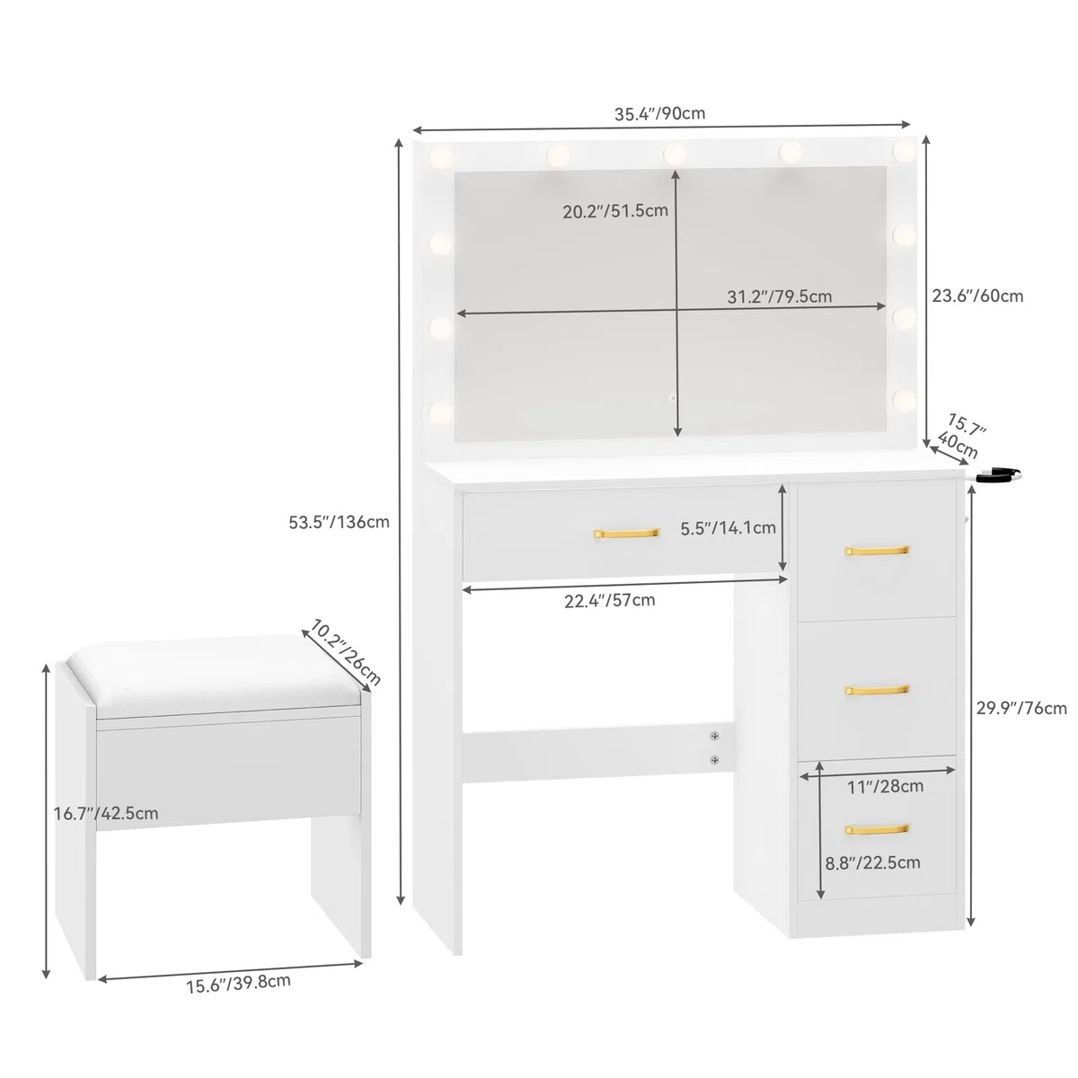 YITAHOME Schminktisch mit Spiegel, Kosmetiktisch mit 4 Schubladen, Frisiertisch mit Hocker, Beleuchtung, Steckdose, Weiß (Make Up Tisch, Frisiertisch, Kosmetiktisch, Vanity Table)
