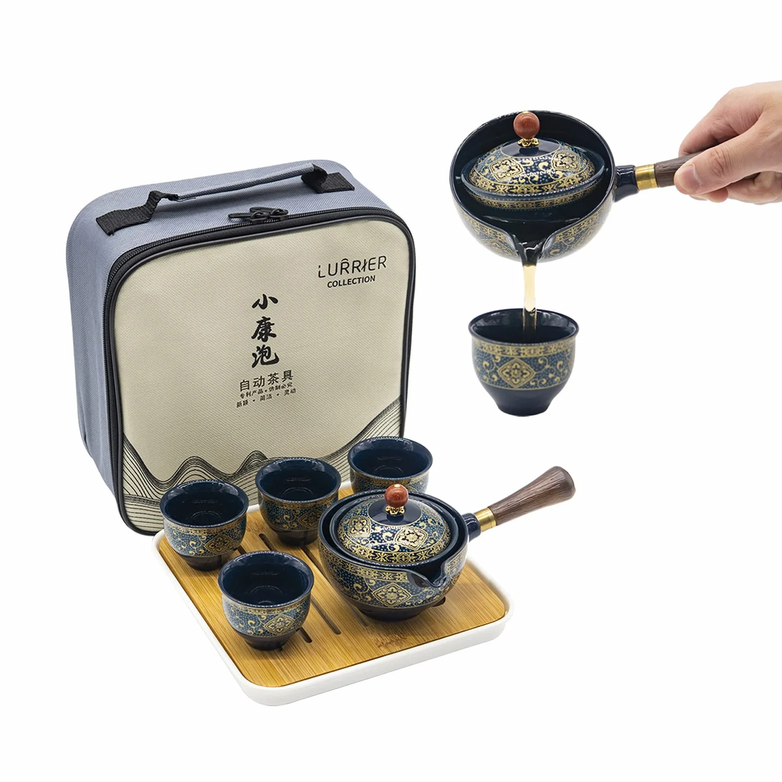 LURRIER Chinesisches Gongfu-Tee-Set, aus Porzellan, tragbares Teekannen-Set mit 360 Grad drehbarer Teebereiter und Teesieb, tragbare All-in-One-Geschenktüte für Reisen, Zuhause, Geschenk, Outdoor und