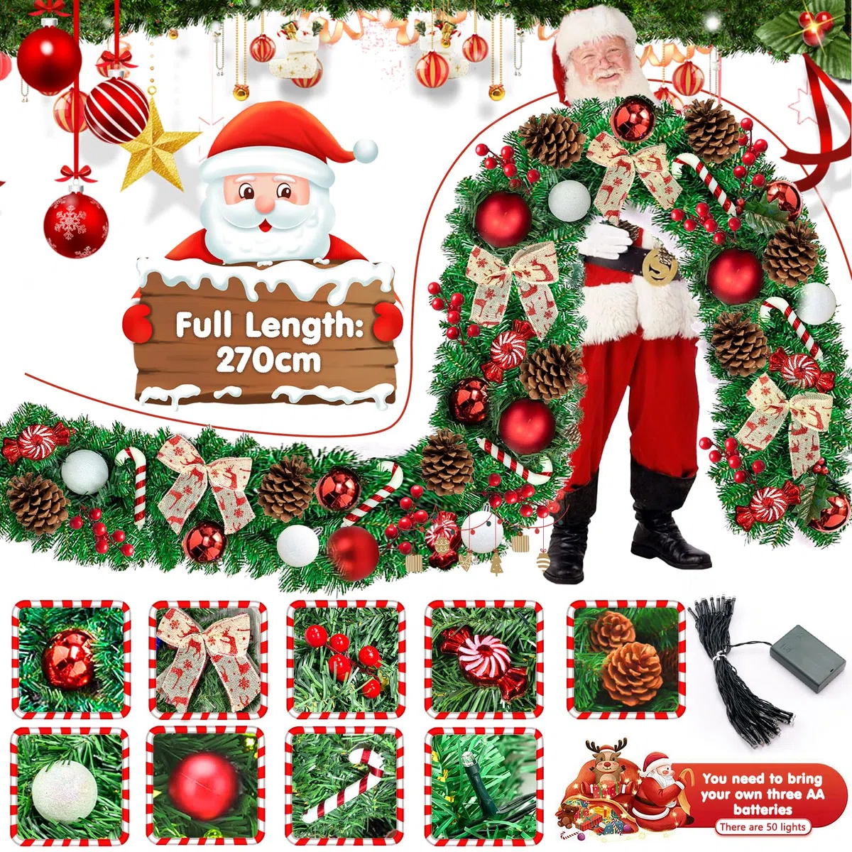Weihnachtsgirlande 2.7M,mit Beleuchtung 50 LEDs warmweiß, Kommt mit 45 Weihnachtsaccessoires，Künstliche Tannengirlande.Weihnachtsdeko Tannengrün mit Lichterkette & Deko für In- & Outdoor.