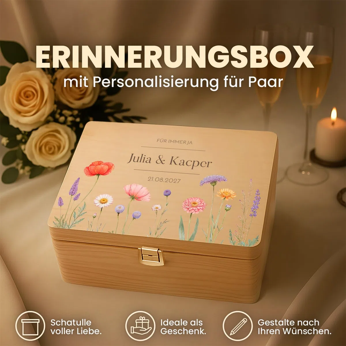 Maverton Erinnerungsbox mit Farbdruck - Aufbewahrungsbox mit Deckel - personalisierte Geschenke für Paar zur Hochzeit - Weihnachtsgeschenke - Hochzeitsgeschenke - aus Kiefernholz