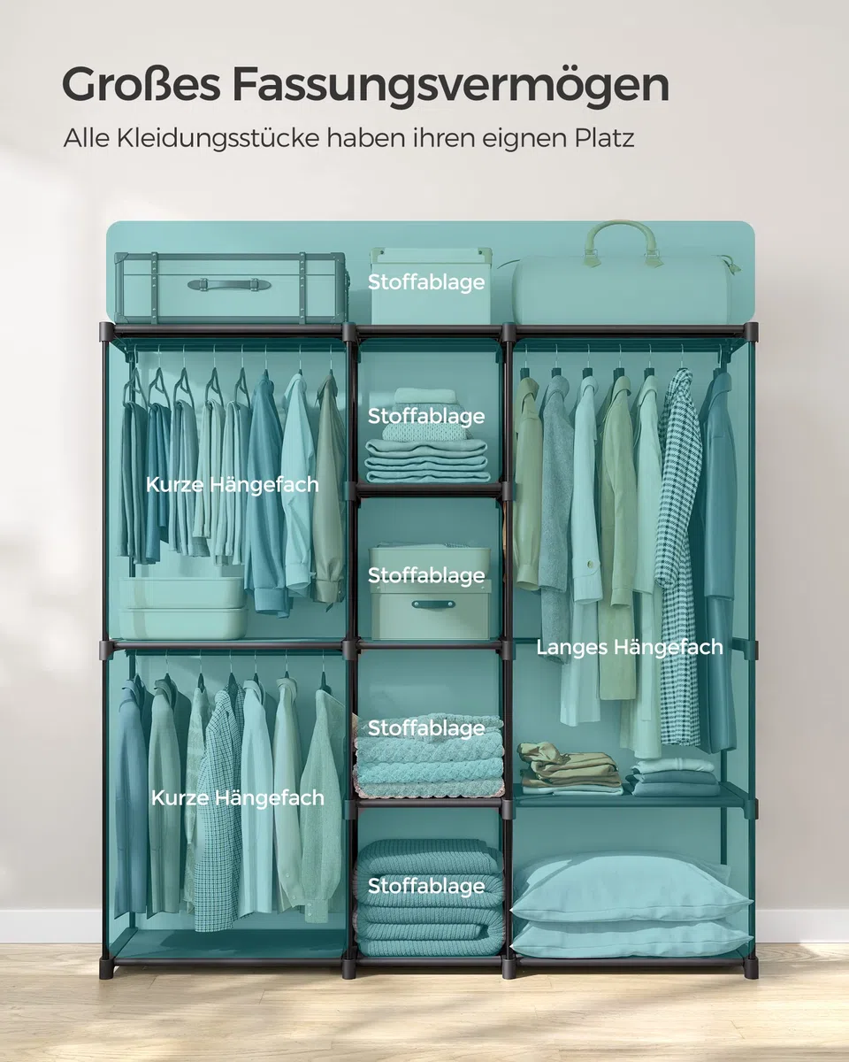 SONGMICS Kleiderschrank, Kleiderständer, freistehende Garderobe, mit Kleiderstangen, Garderobenständer, Stoffablagen, Metallrahmen, 182 x 43 x 182 cm, tintenschwarz RYG037B02