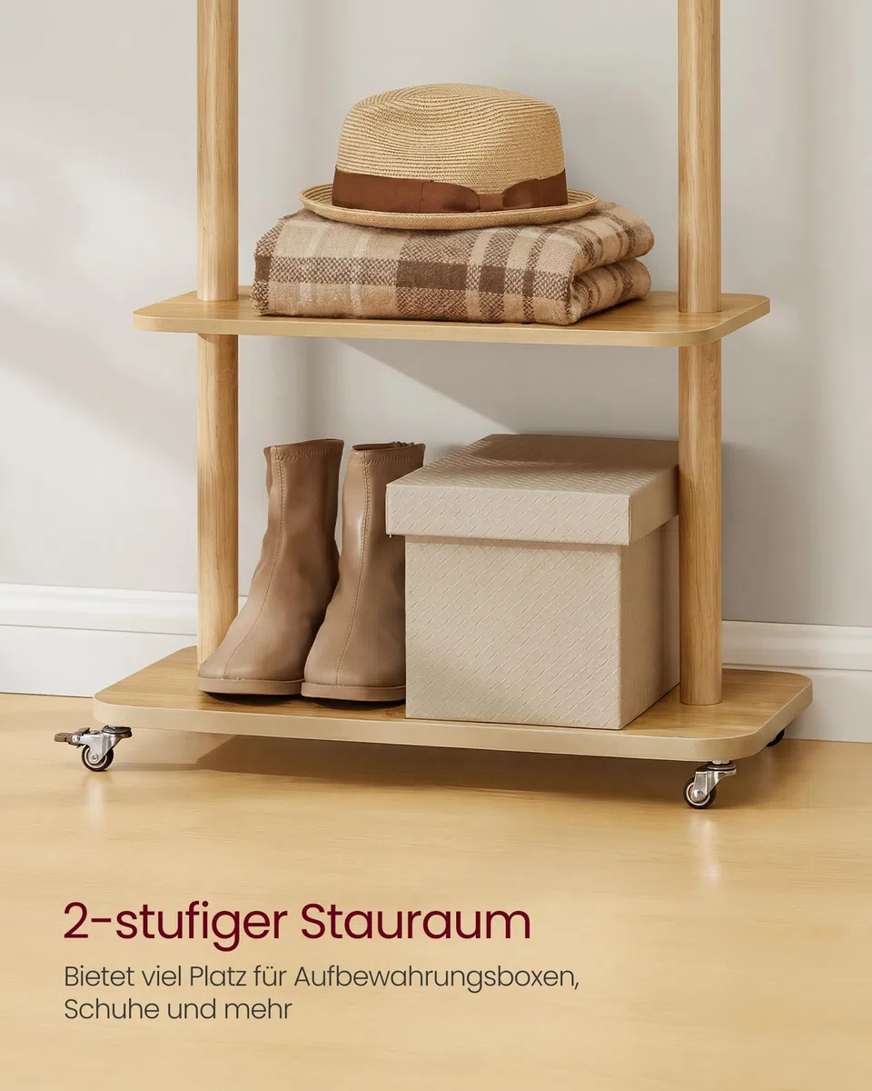 VASAGLE Garderobenständer, Kleiderständer, 7 Haken, 2 Ablagen, 4 drehbare und abnehmbare Rollen, Haken und Stange aus Massivholz, Flur, Schlafzimmer, Wohnzimmer, naturfarben RCR053YK01