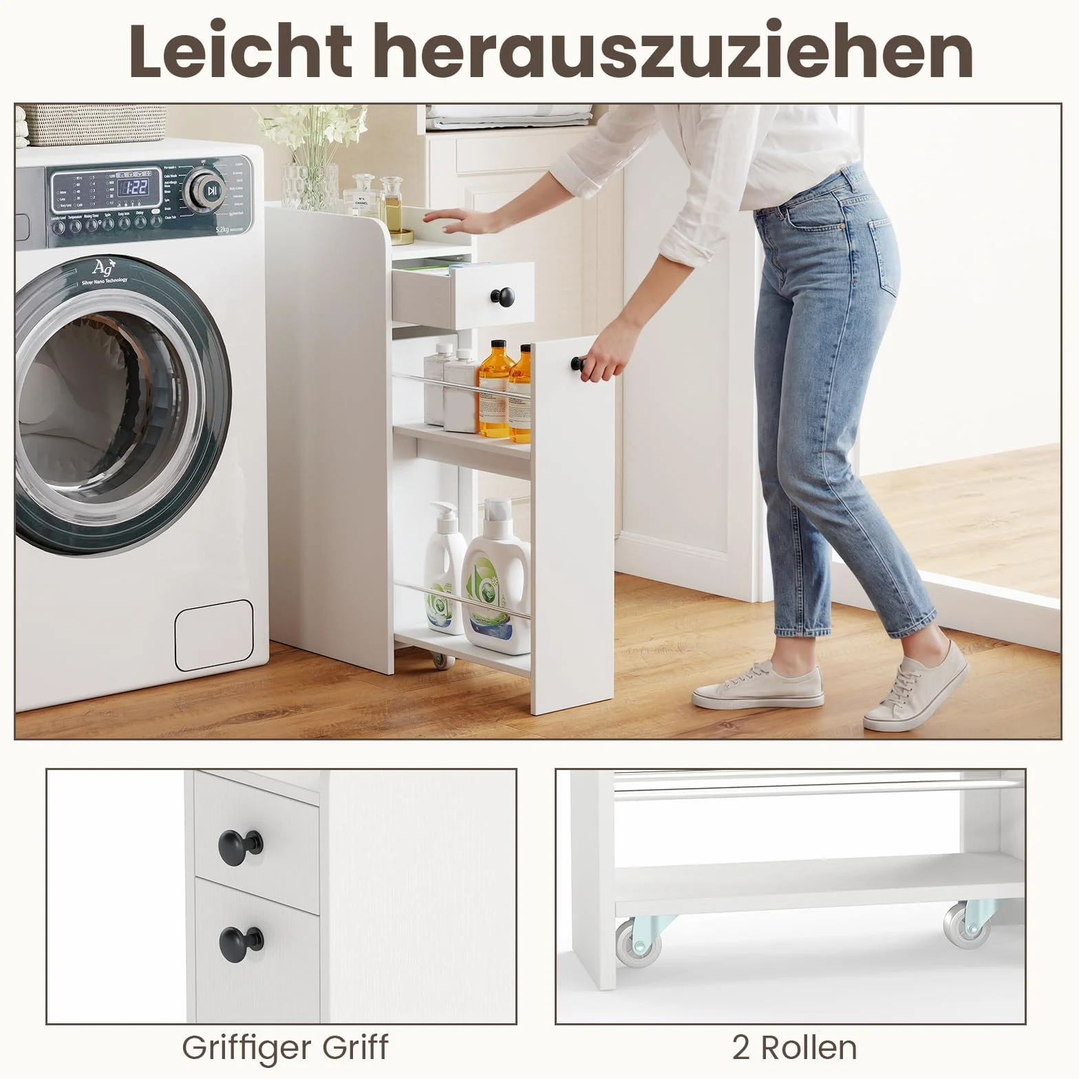 COSTWAY Nischenschrank mit Rollen, Badezimmerschrank mit offener Ablage & 2 Schubladen, Rollwagen, Nischenwagen schmal für Badezimmer, Küche & Wäscherei, 18 x 40 x 70 cm (Weiß)